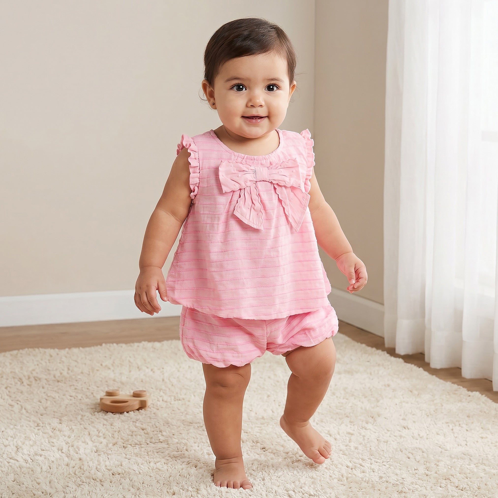 Juniors Round Neck Sleeveless Top and Shorts Set with Striped Design - Pink / 24-36 mths
