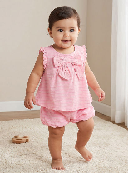 Juniors Round Neck Sleeveless Top and Shorts Set with Striped Design-baby-girls-clothing-setsandcoords-image-1