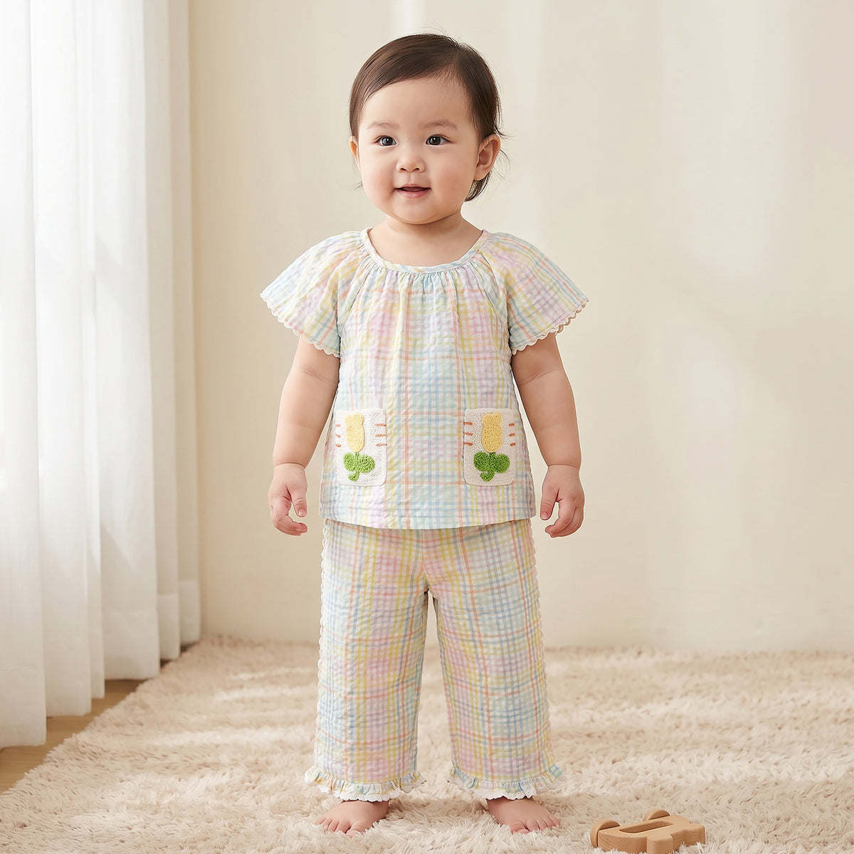 Juniors Round Neck Short Sleeves Top and Pants Set with Floral Applique