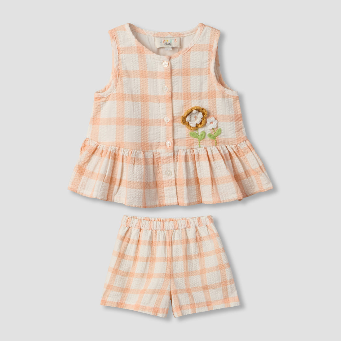 Juniors Round Neck Sleeveless Top and Shorts Set with Floral Applique - Multicolour / 12-18 mths