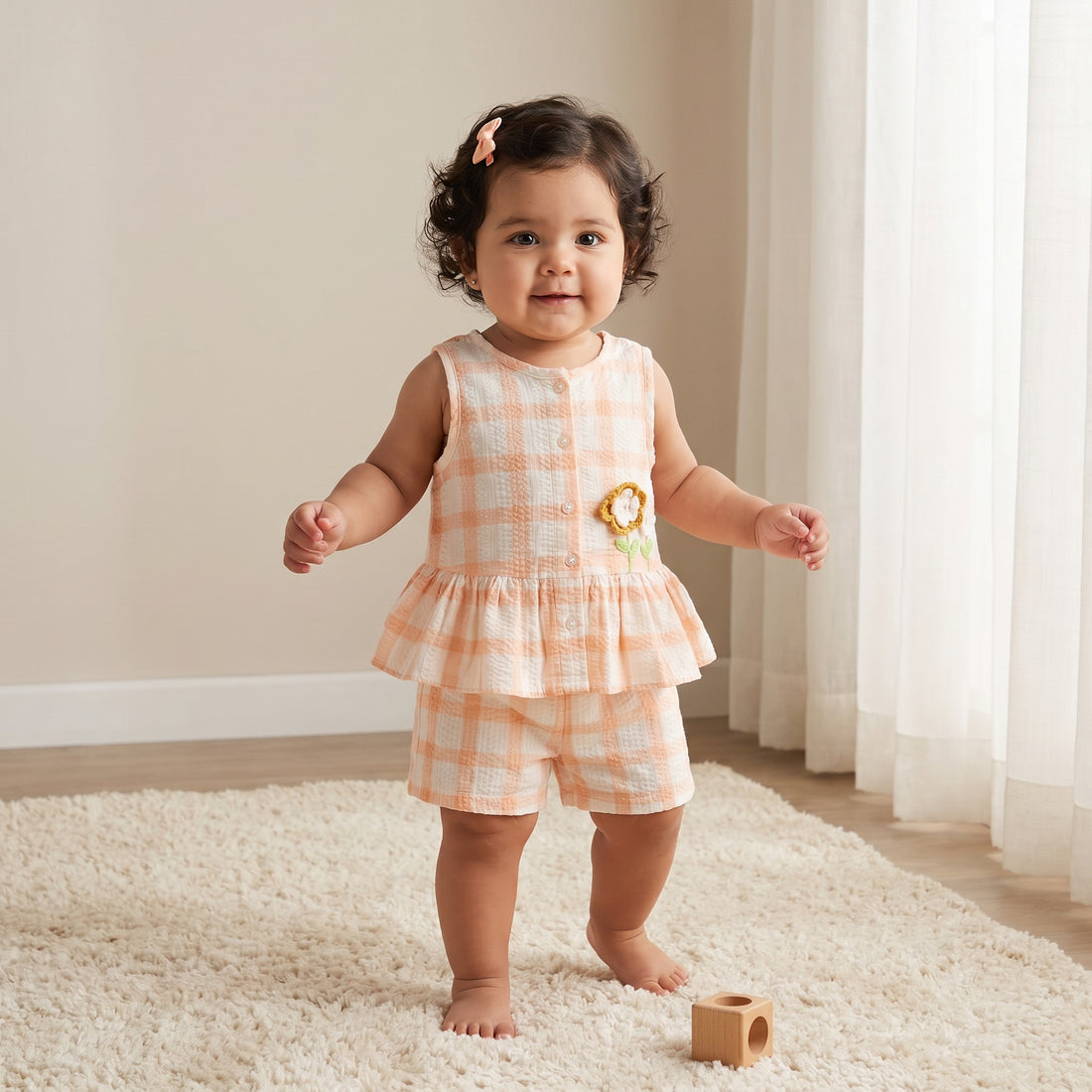 Juniors Round Neck Sleeveless Top and Shorts Set with Floral Applique - Multicolour / 24-36 mths