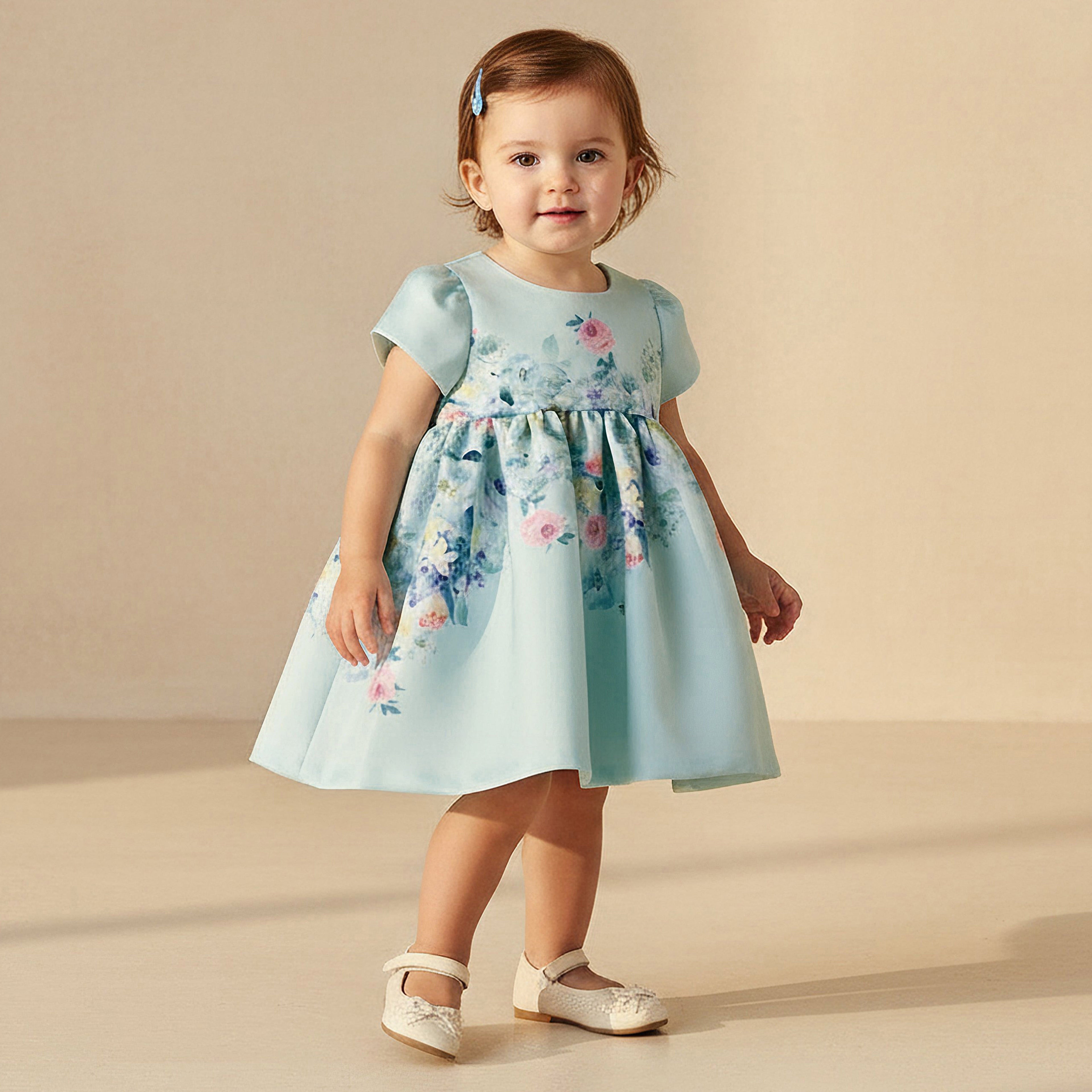 Junior Round Neck Short Sleeves Prom Dress with Bloomers - Green / 12-18 mths