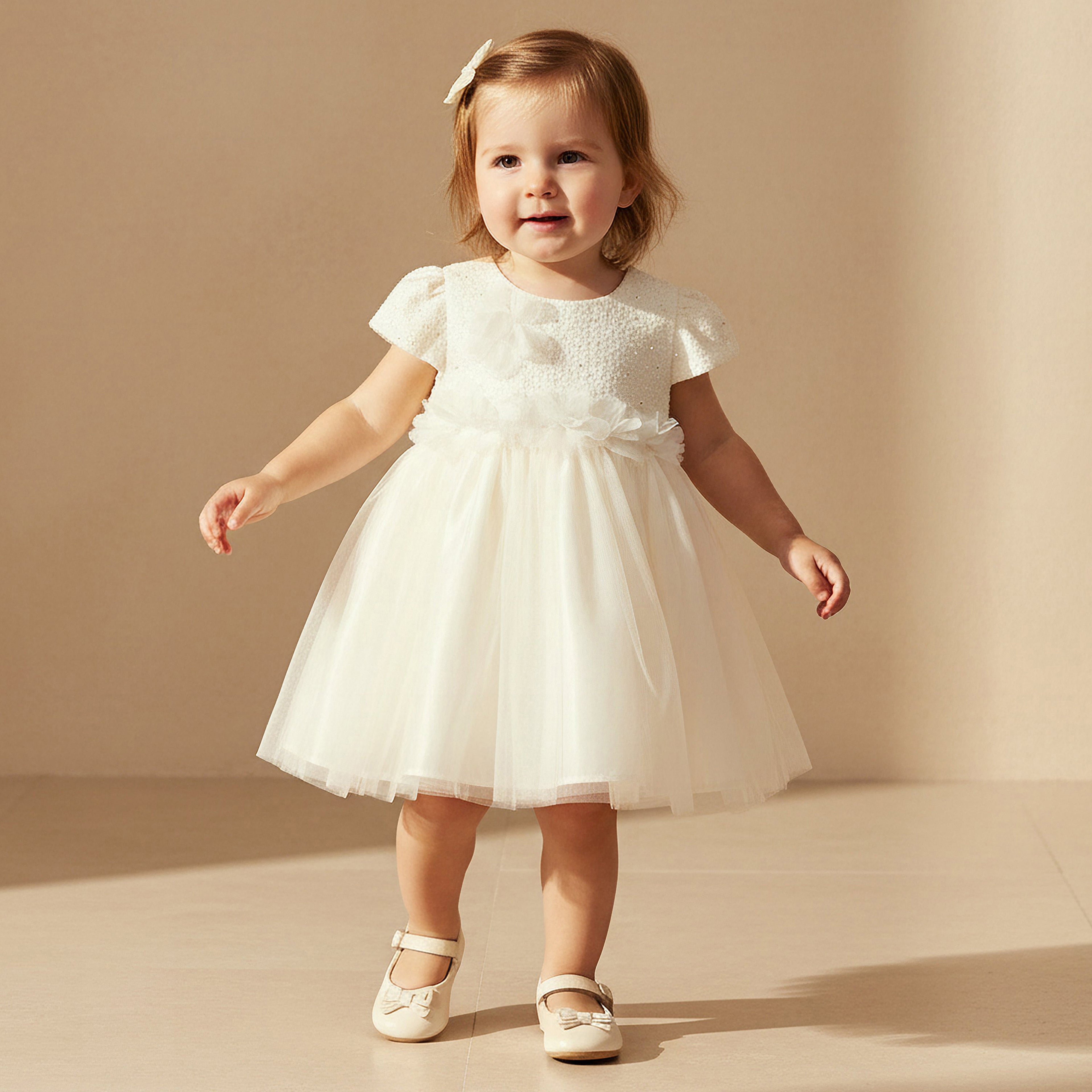 Juniors Round Neck Short Sleeve Dress with Sequin Detail - White / 12-18 mths