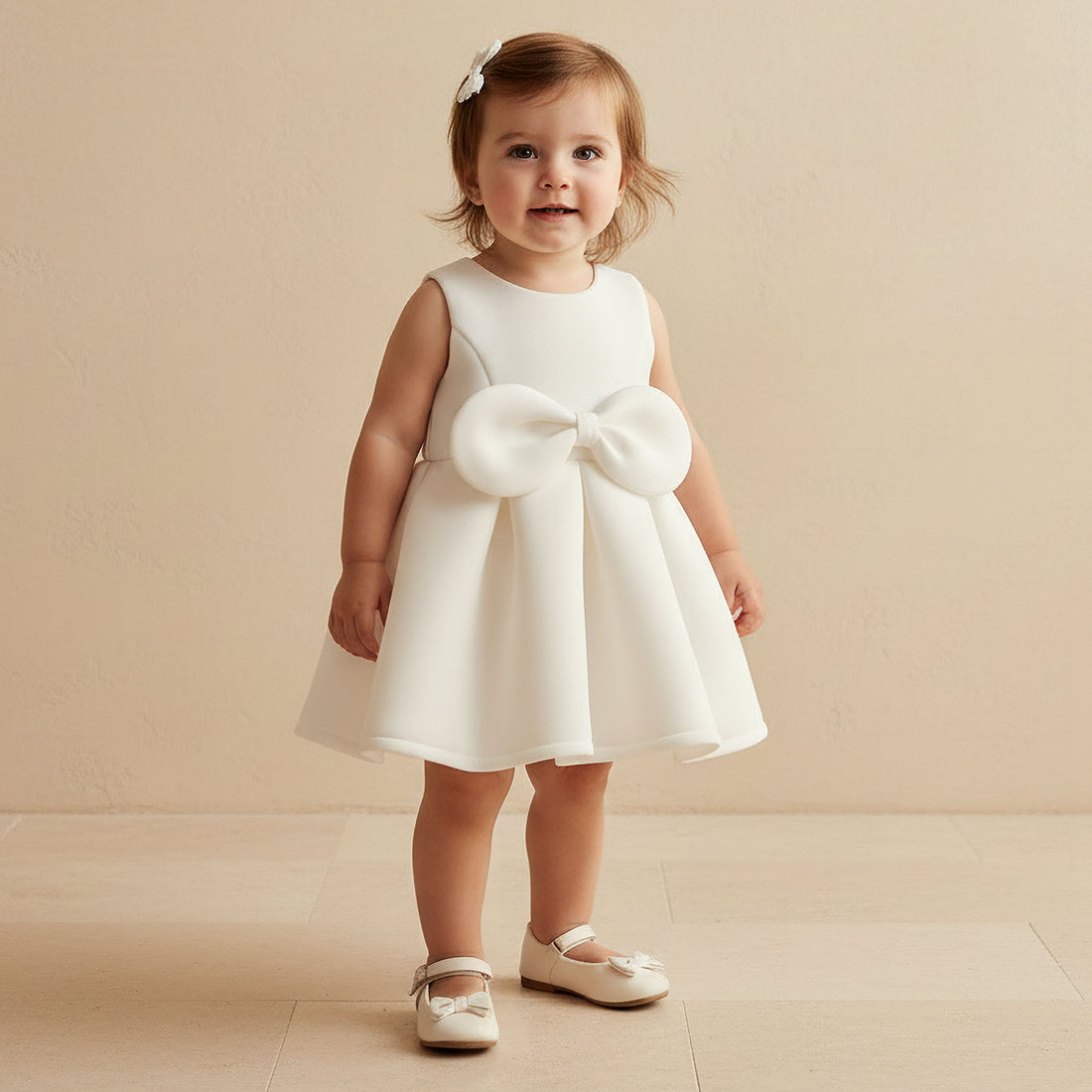 Juniors Round Neck Sleeveless Dress with Bow Accent - White / 18-24 mths