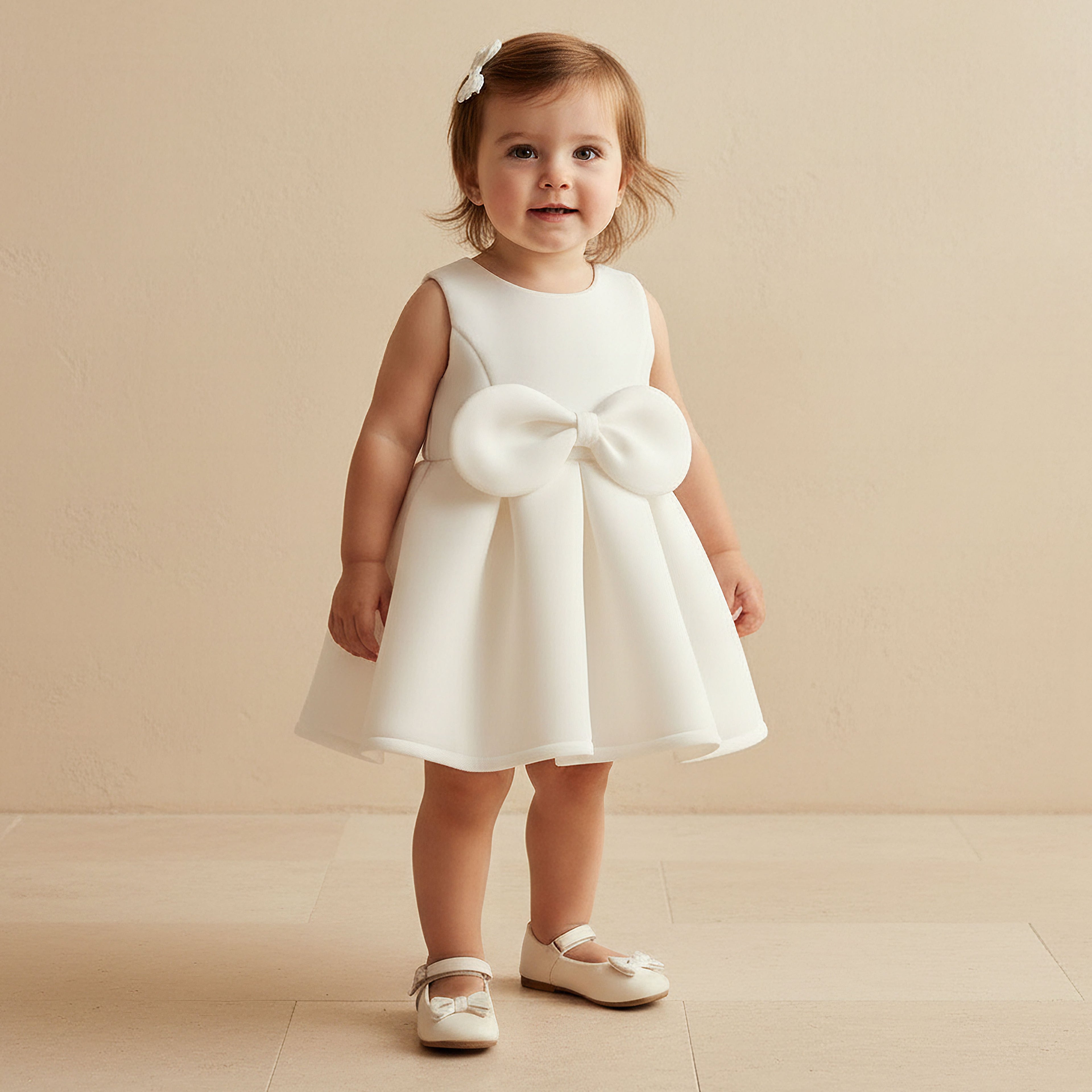 Juniors Round Neck Sleeveless Dress with Bow Accent - White / 18-24 mths