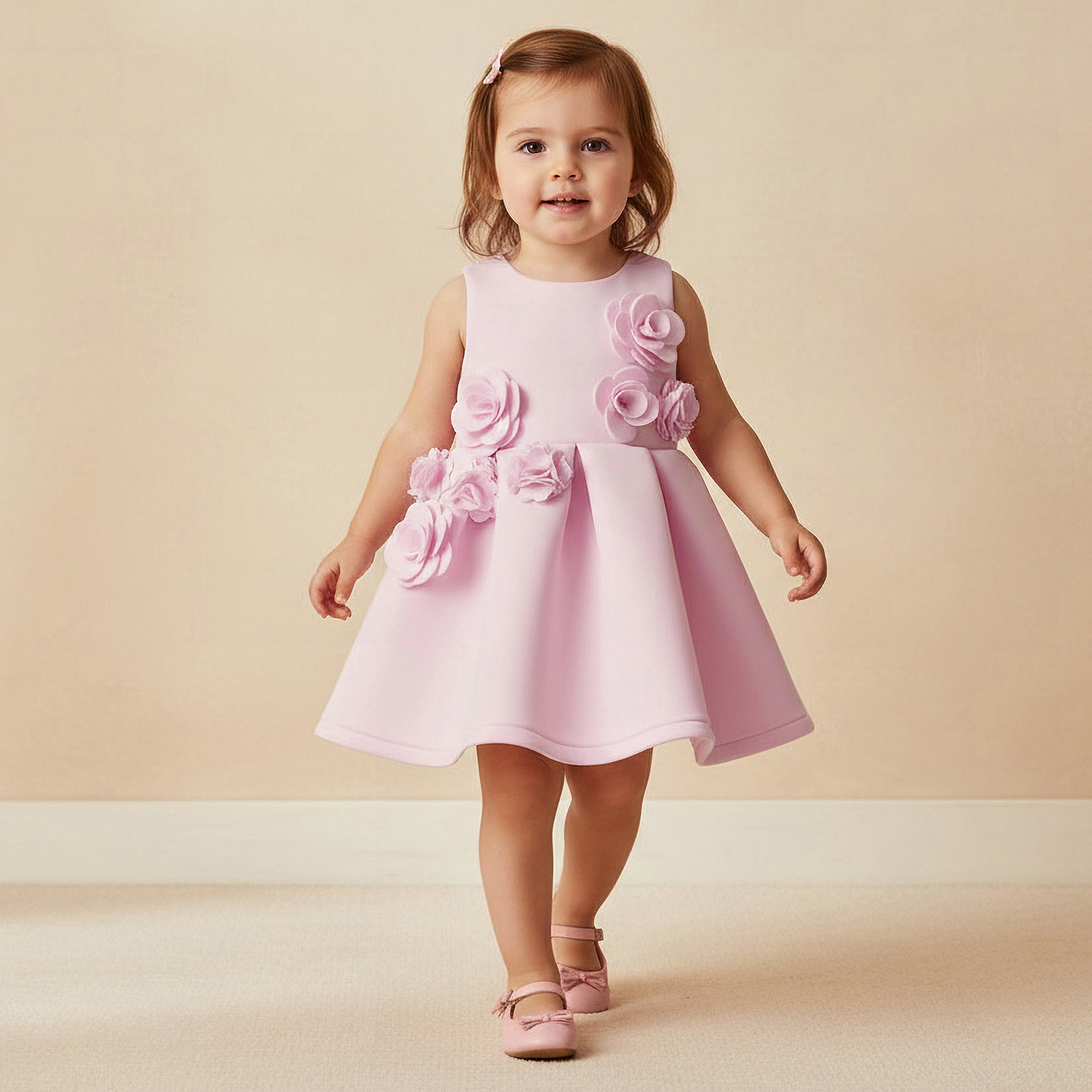 Juniors Round Neck Sleeveless Skater Dress with Floral Applique - Pink / 12-18 mths
