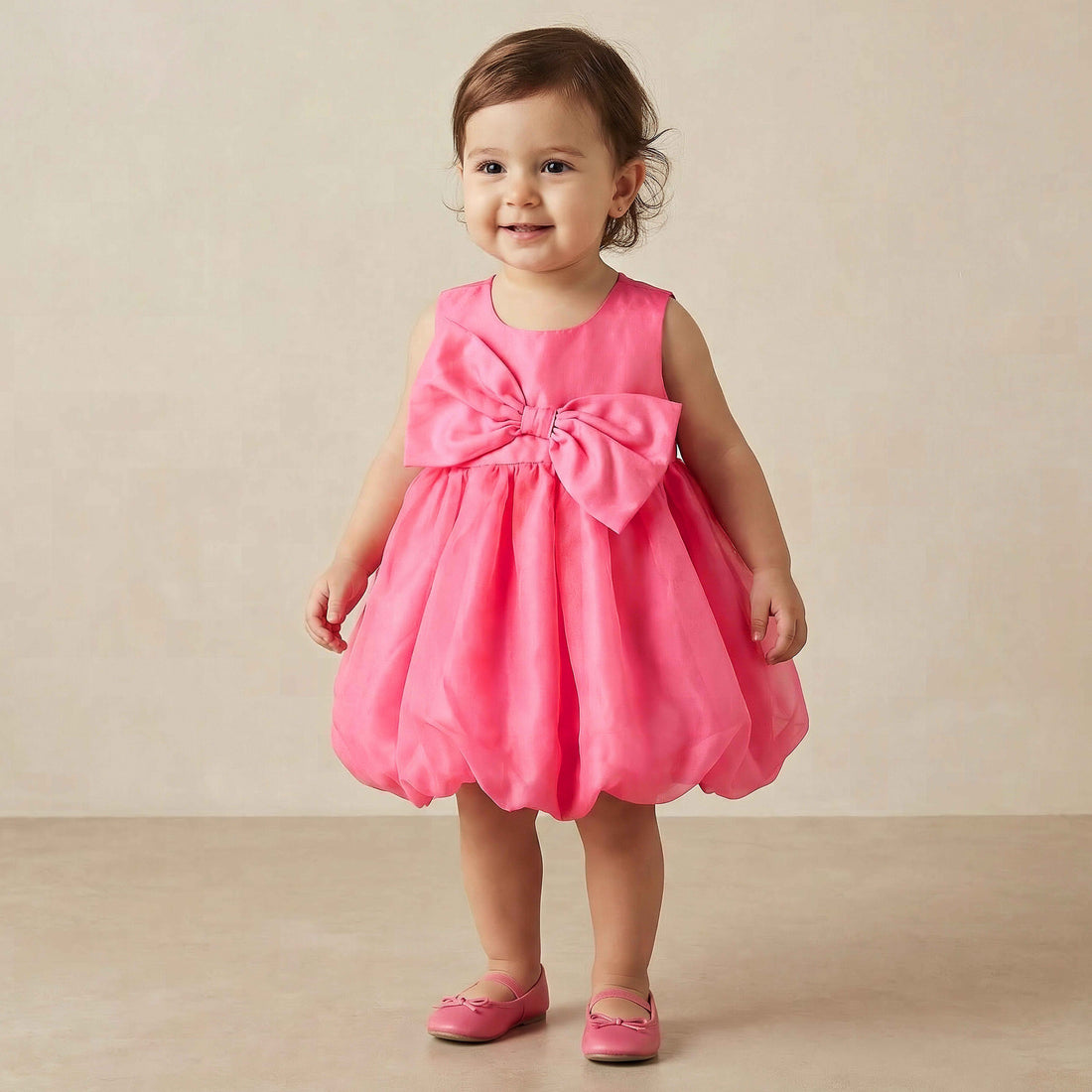 Juniors Round Neck Sleeveless Dress with Bow Accent - Pink / 24-36 mths