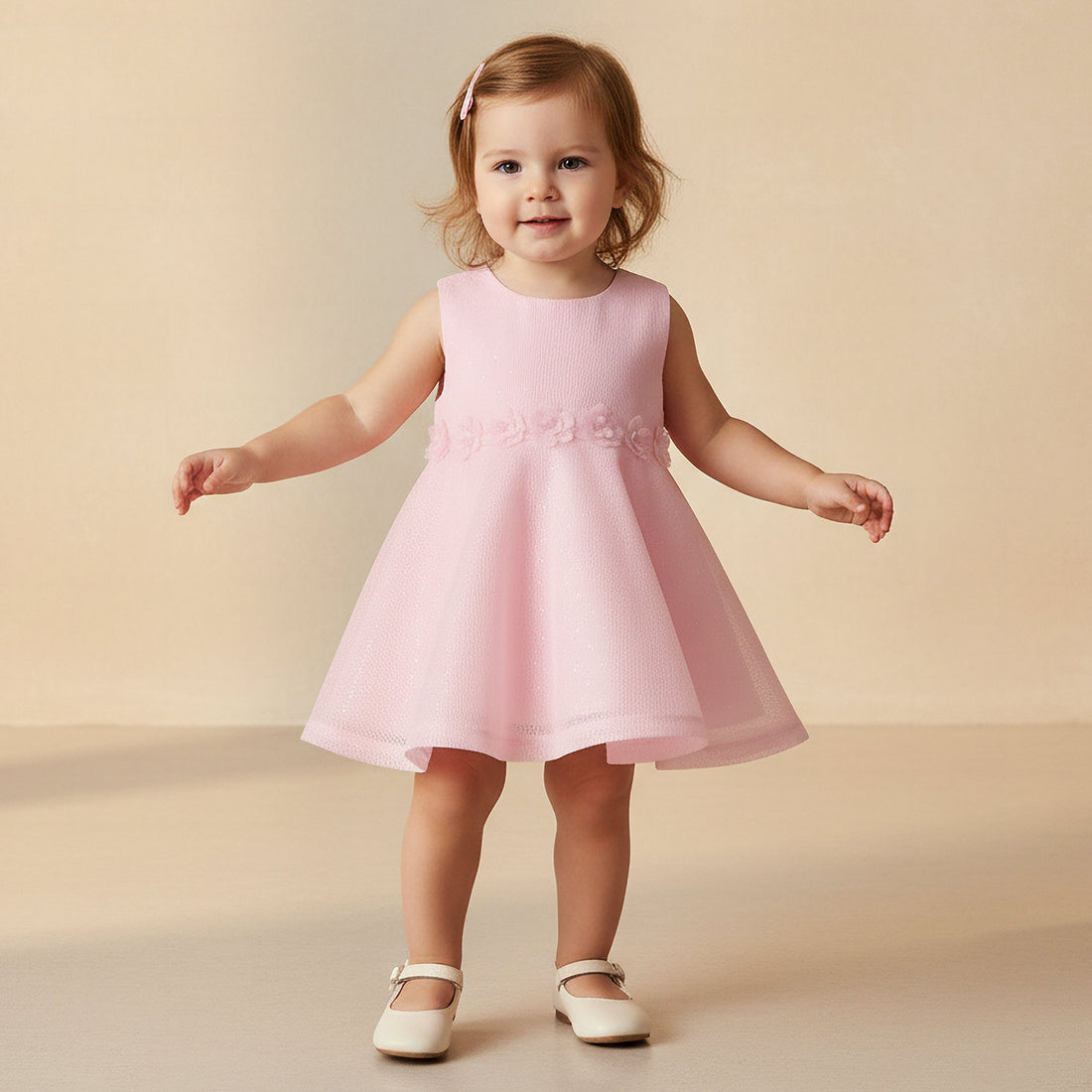 Juniors Round Neck Sleeveless A-line Dress with Floral Applique - Pink / 18-24 mths
