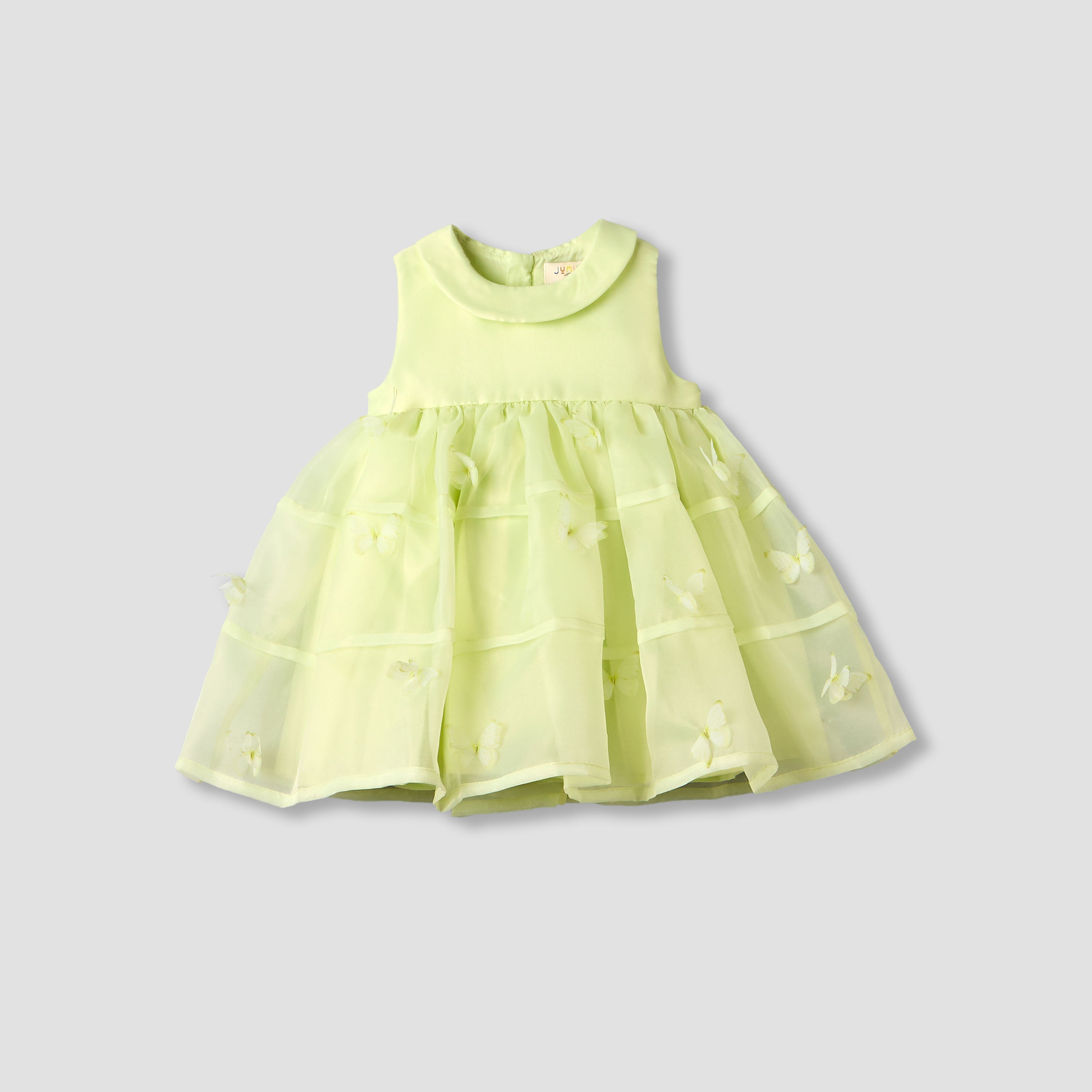 Juniors Round Neck Sleeveless A-line Dress with Butterfly Applique Detail - Green / 12-18 mths