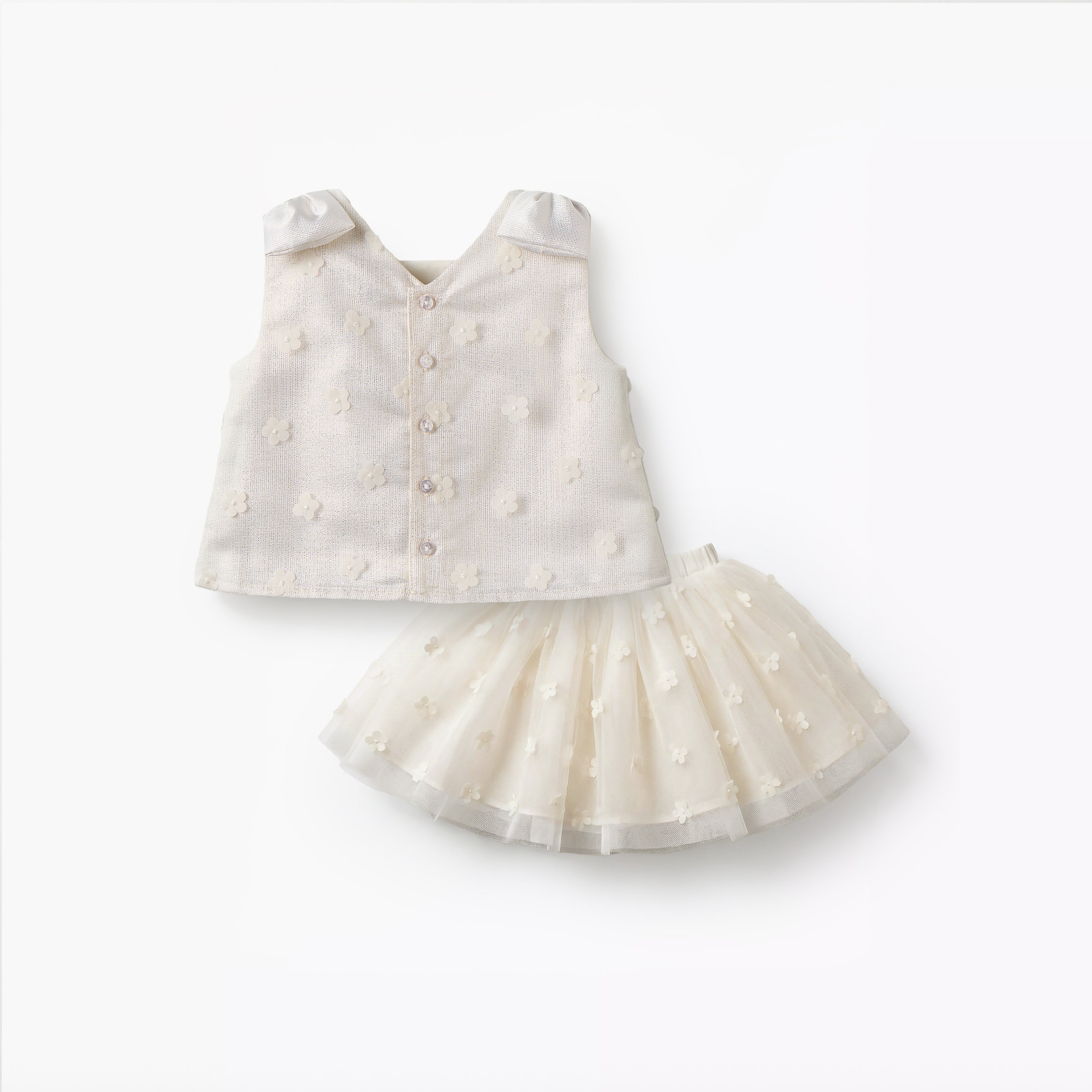 Juniors V-neck Sleeveless Top and Skirt Set with 3D Floral Applique