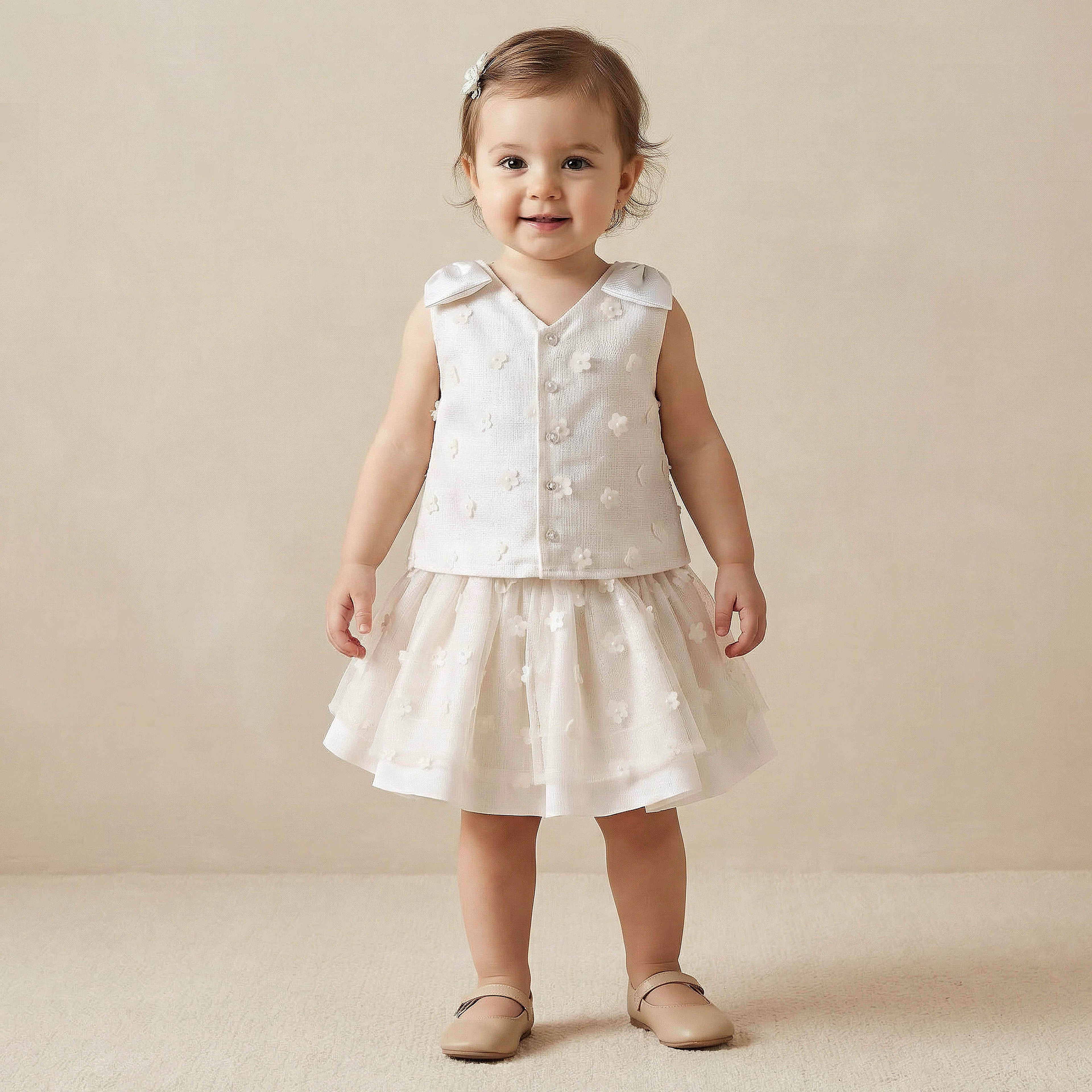 Juniors V-neck Sleeveless Top and Skirt Set with 3D Floral Applique - Cream / 18-24 mths