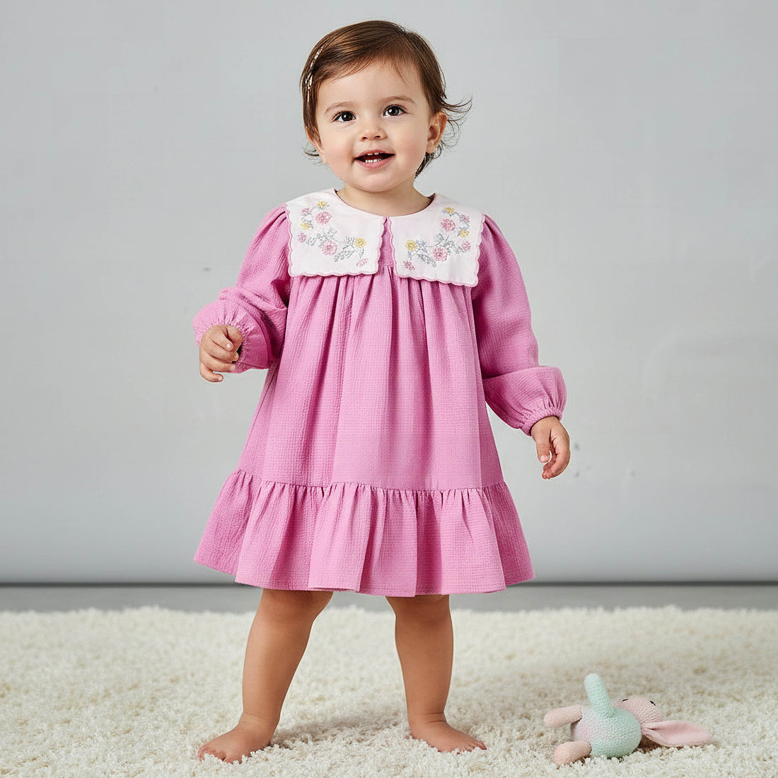Giggles Collared Long Sleeves A-Line Dress with Bloomers - Pink / 12-18 mths