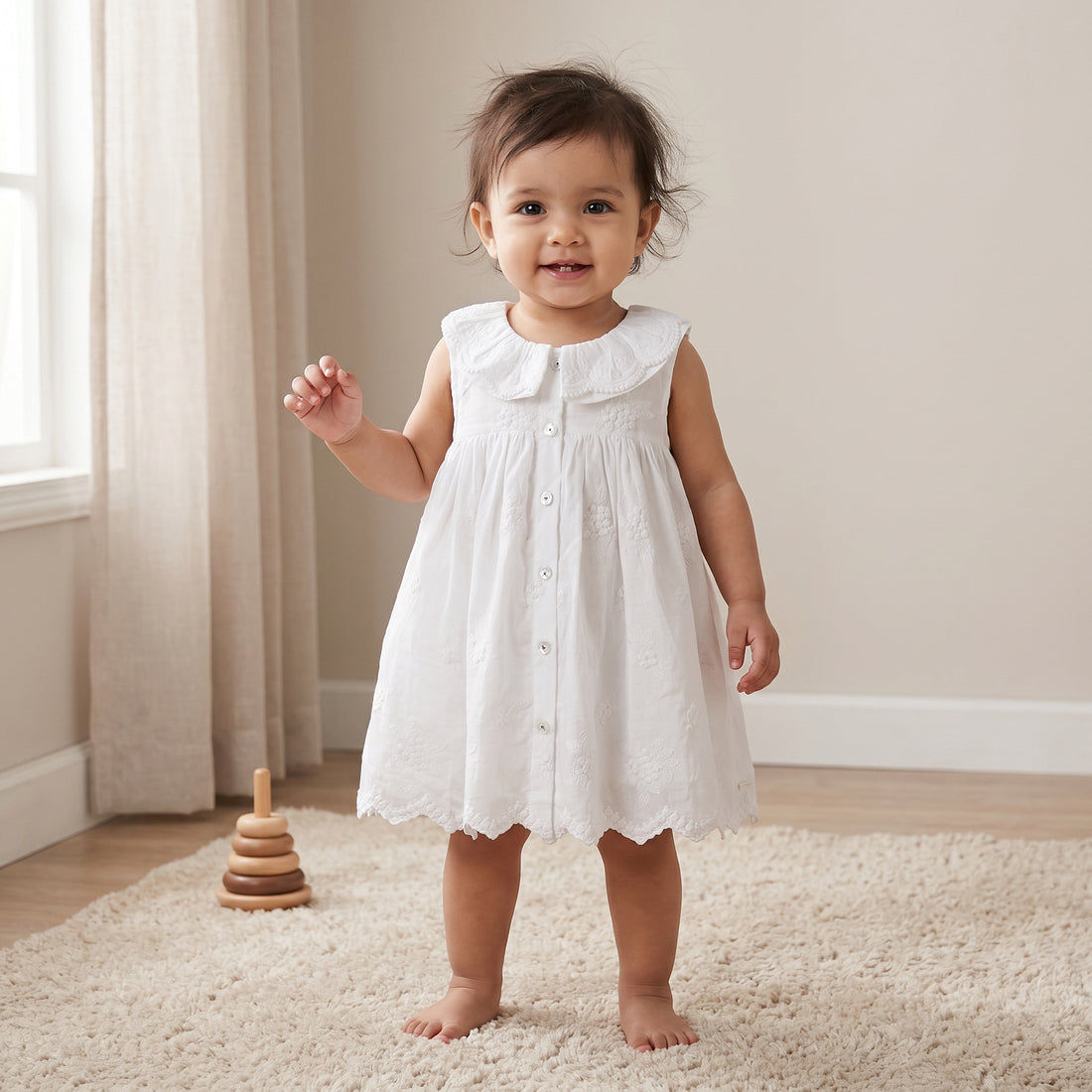 Giggles Collared Sleeveless Knee Length A-Line Dress with Embroidery - White / 18-24 mths