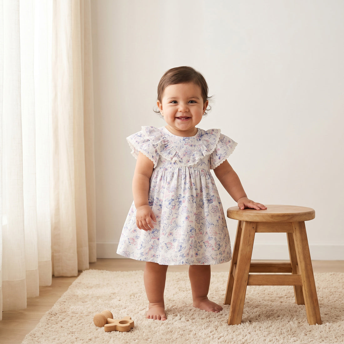 Giggles Round Neck Short Sleeves Knee-Length Dress with Floral Print - White / 12-18 mths