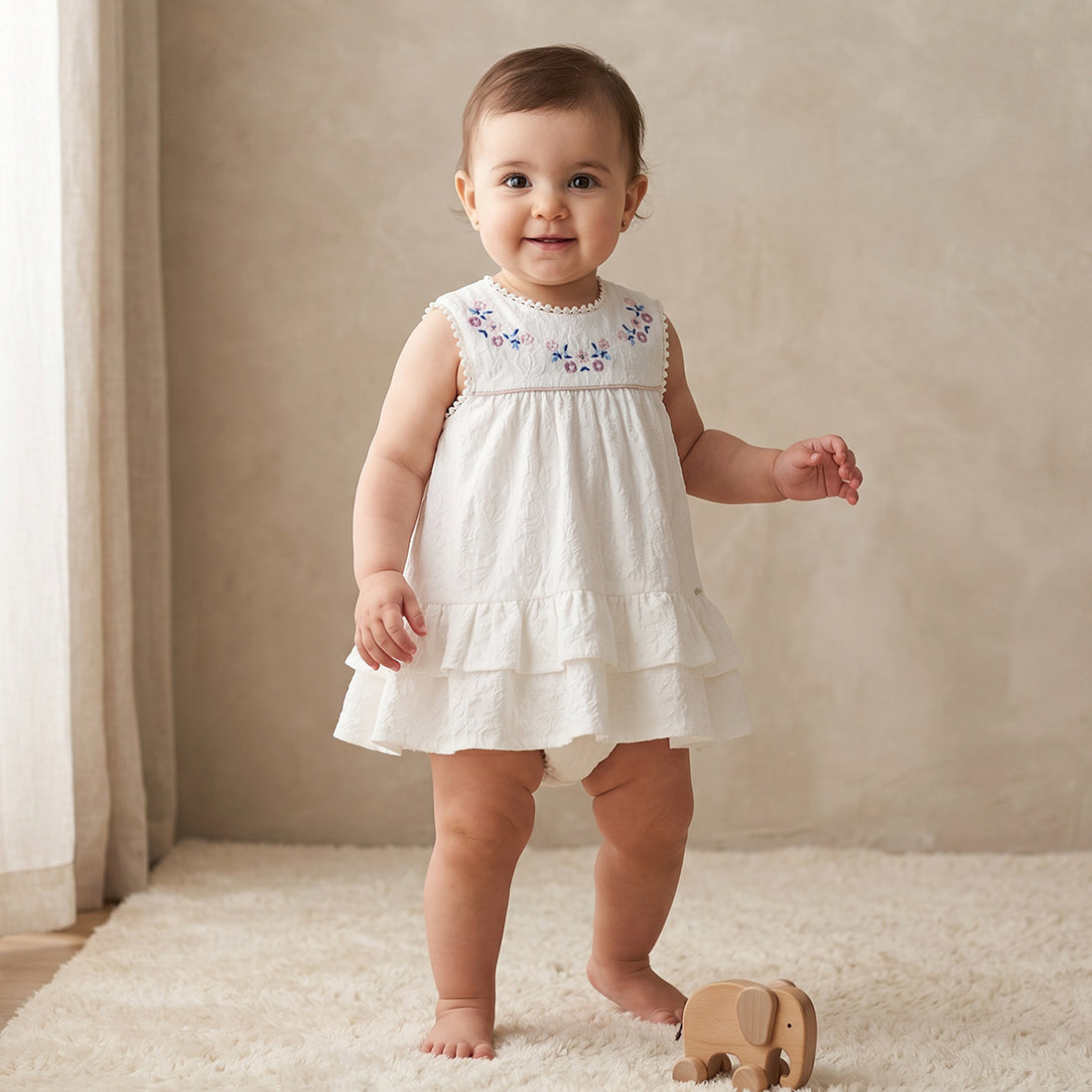 Giggles Round Neck Sleeveless Knee Length A-Line Dress with Bloomers - White / 18-24 mths