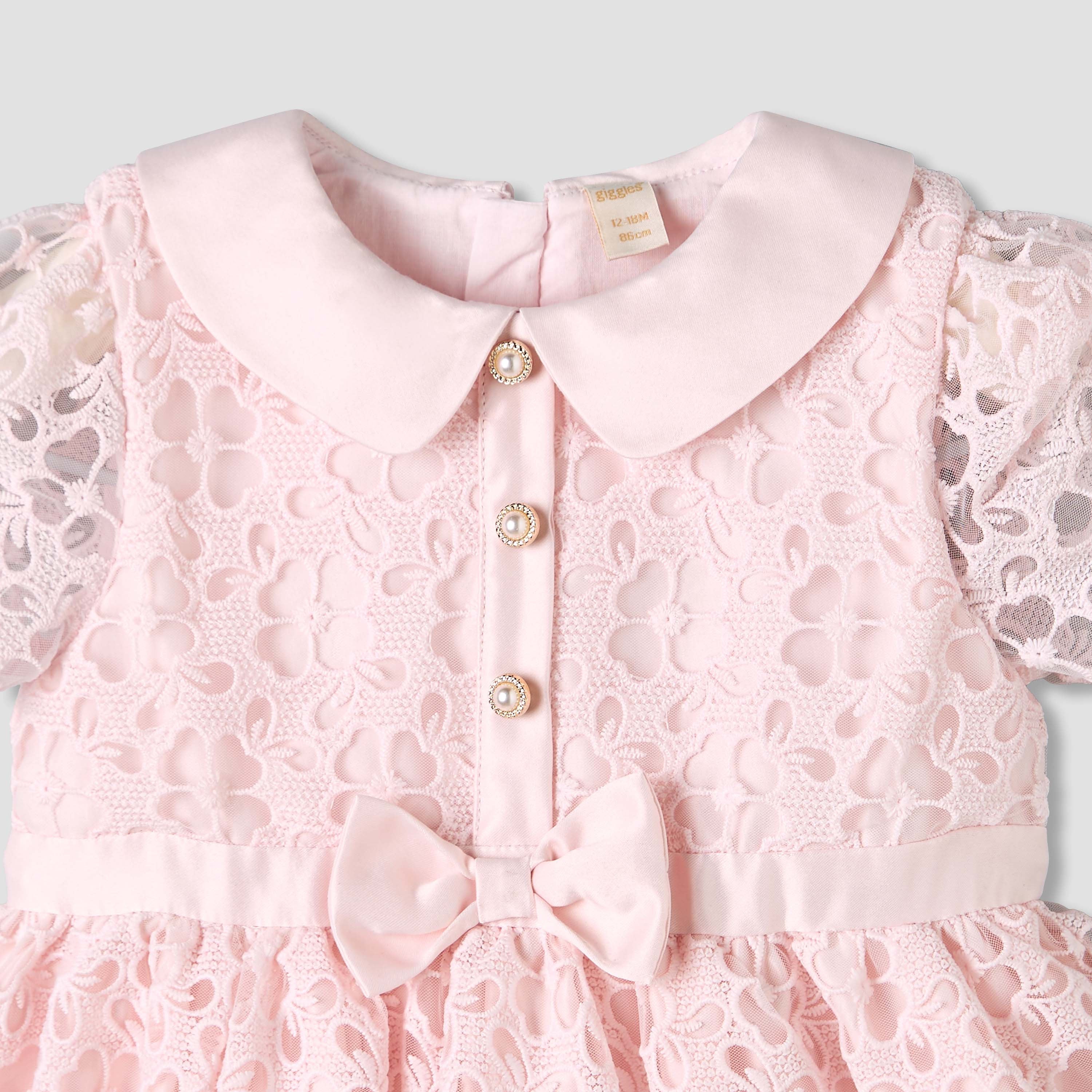 Giggles Peter Pan Collar Short Sleeves A-line Dress with Lace and Bow Design