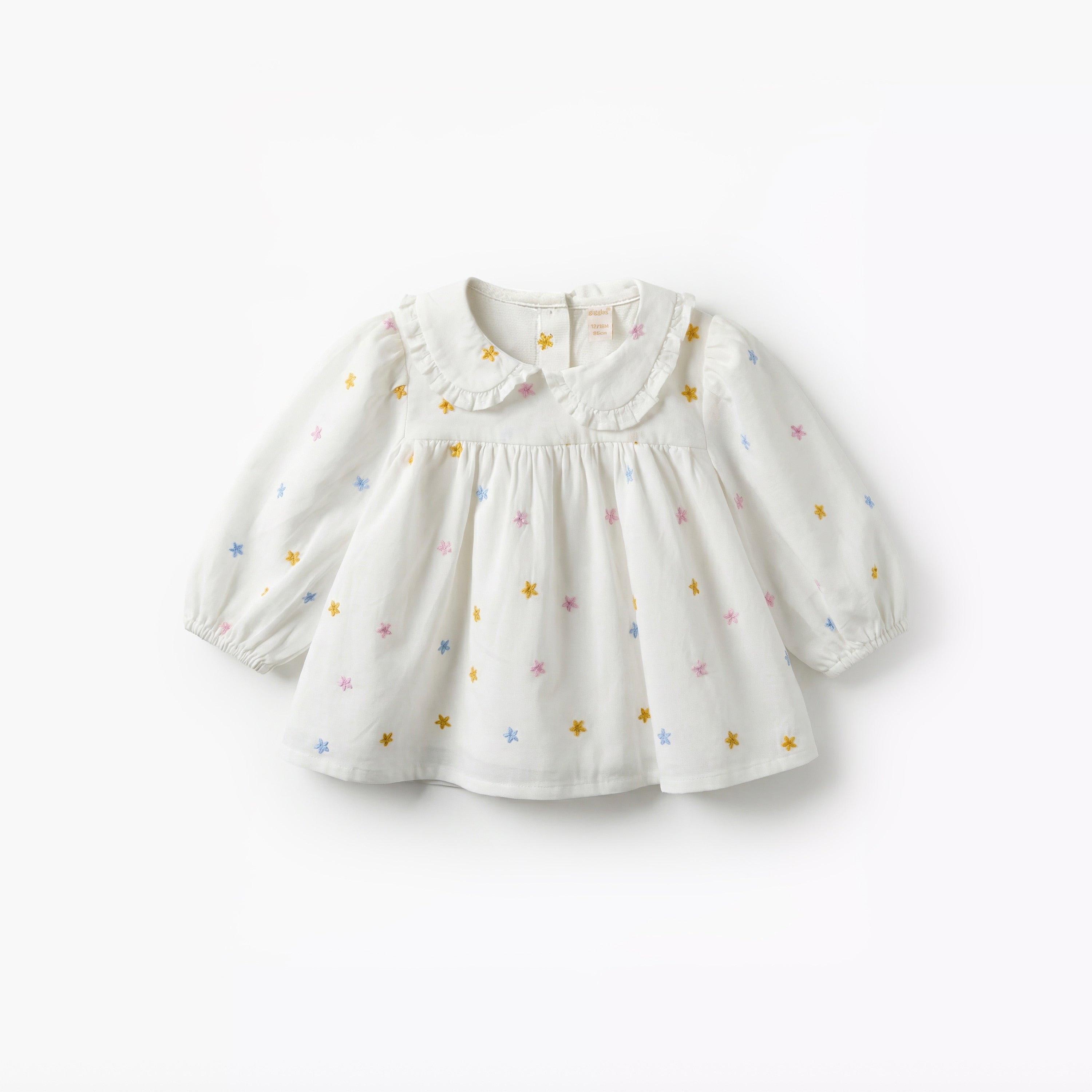Giggles Peter Pan Collar Long Sleeves Top and Pants Set with Floral Embroidery