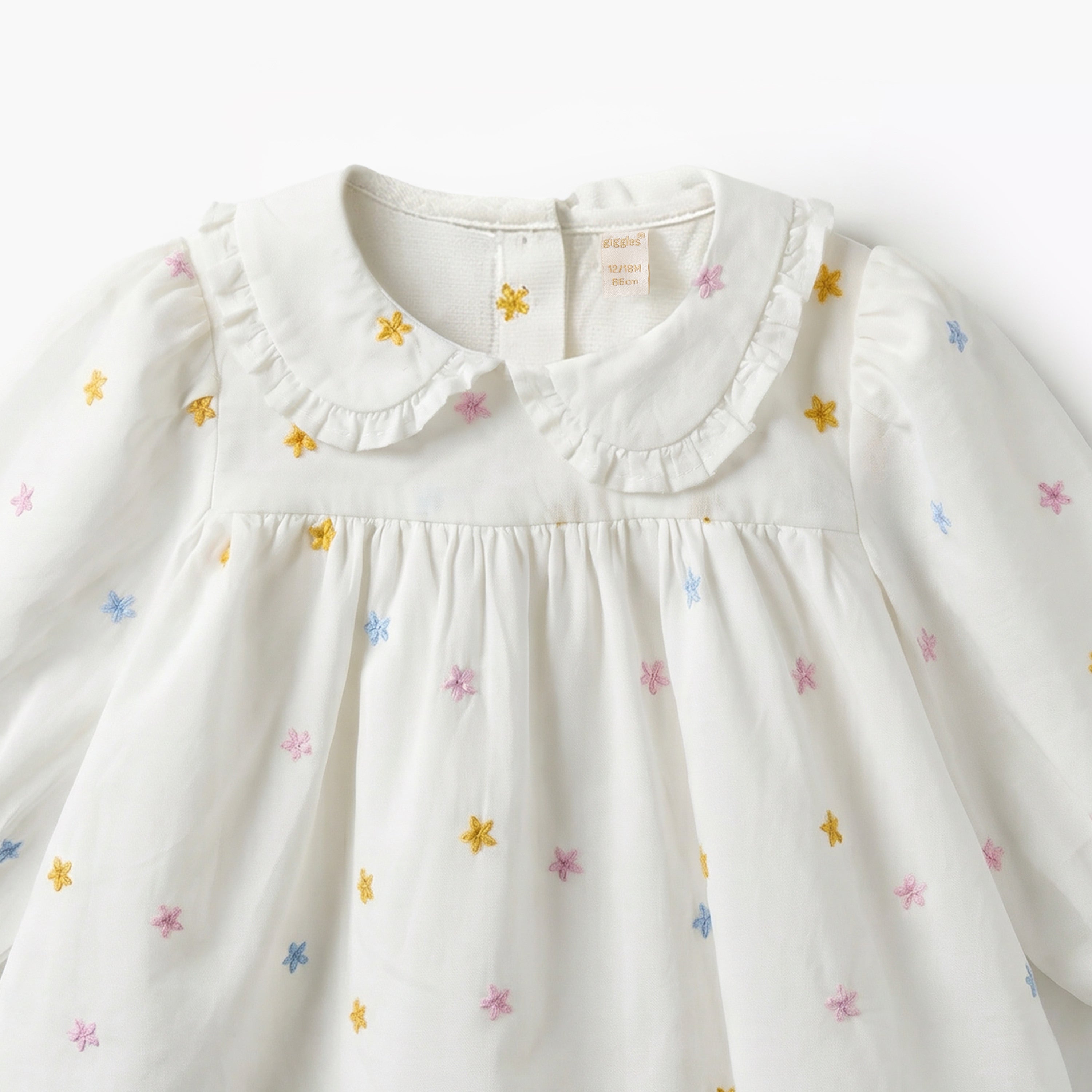 Giggles Peter Pan Collar Long Sleeves Top and Pants Set with Floral Embroidery