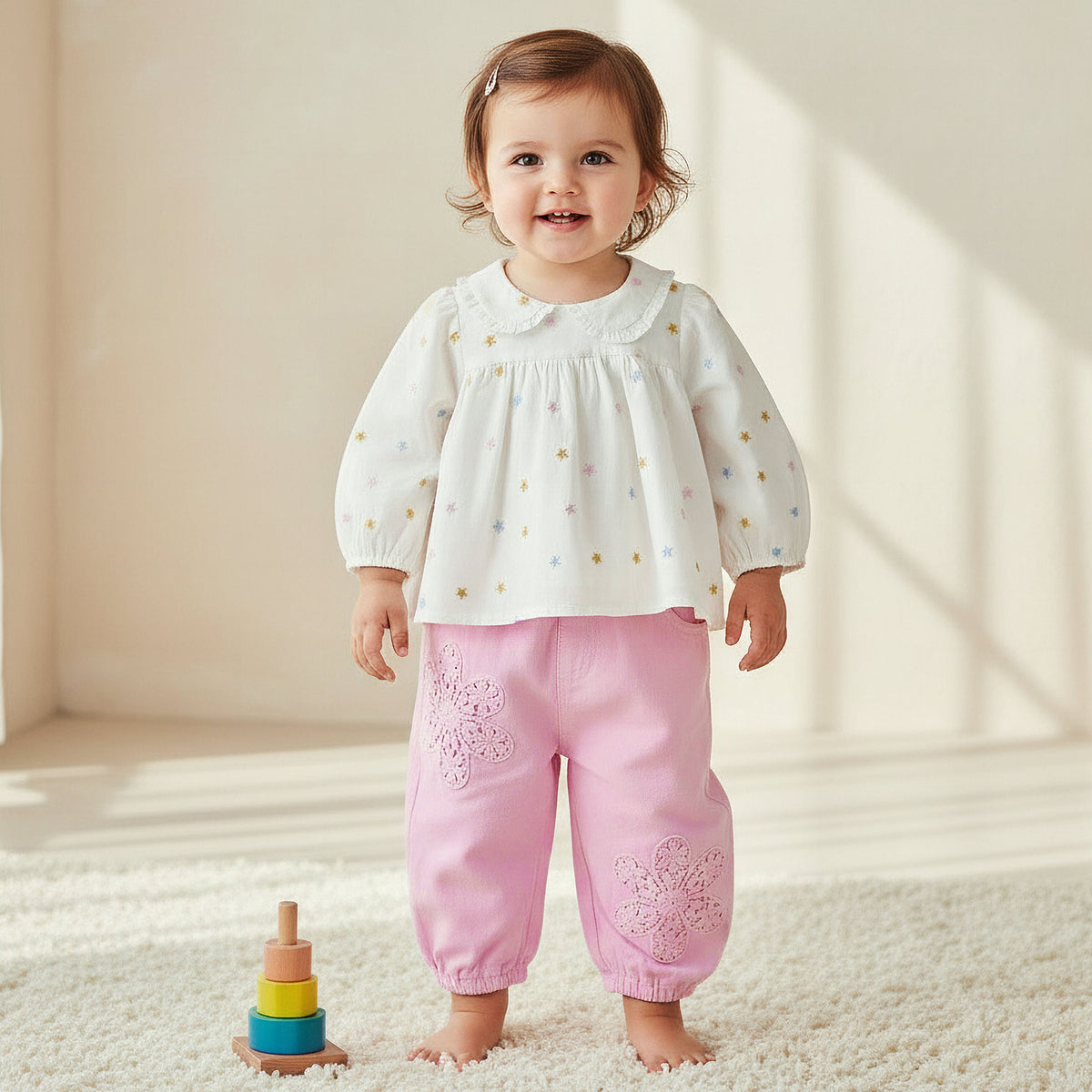 Giggles Peter Pan Collar Long Sleeves Top and Pants Set with Floral Embroidery