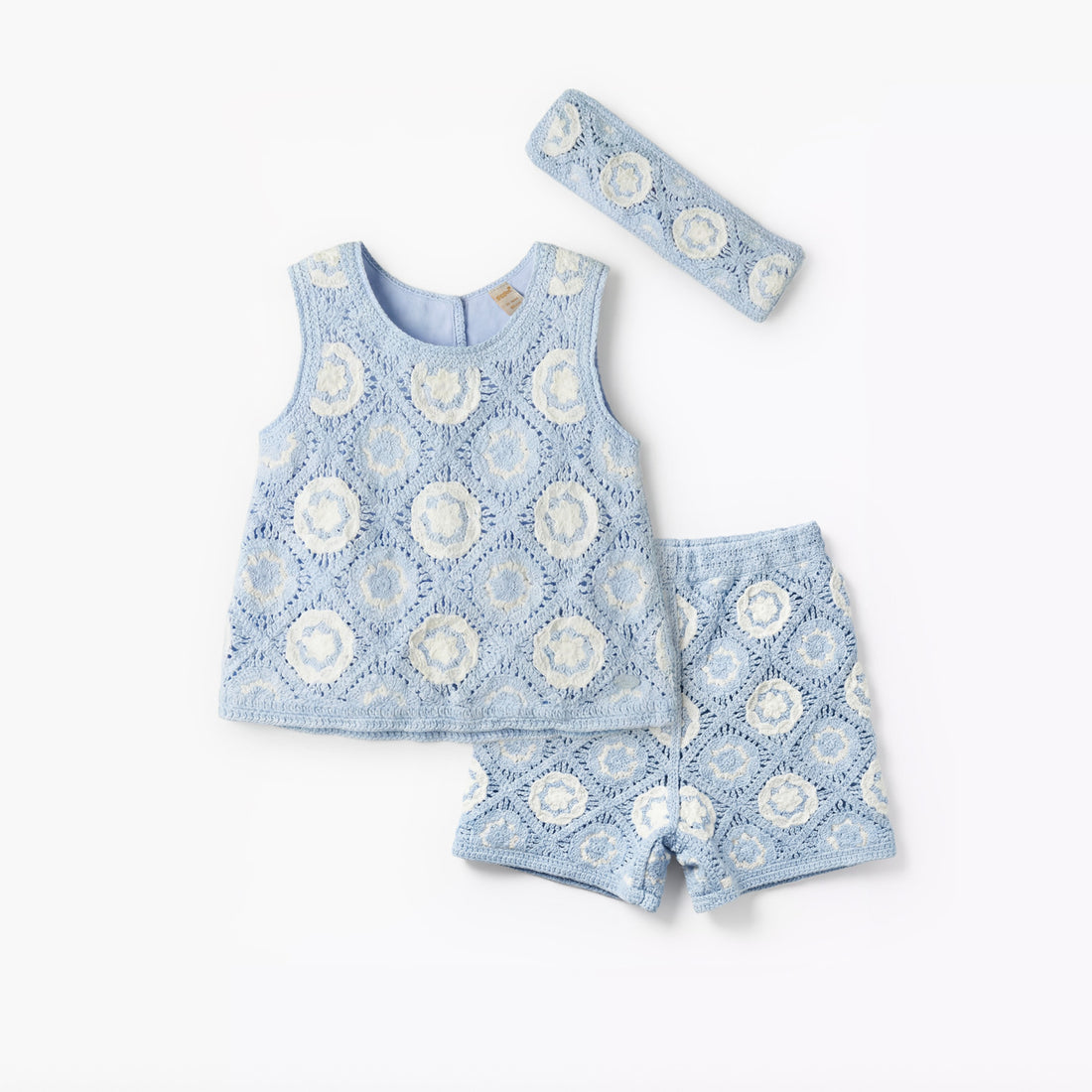 Giggles Round Neck Sleeveless Crochet Top and Shorts Set with Hairband - Blue / 24-36 mths