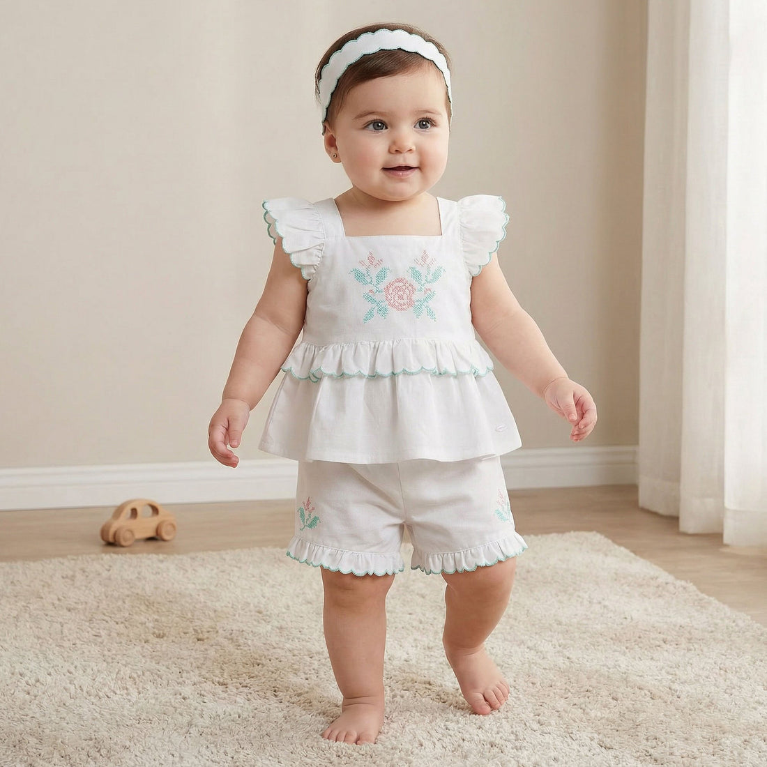Giggles Square Neck Sleeveless Top and Shorts Set with Headband