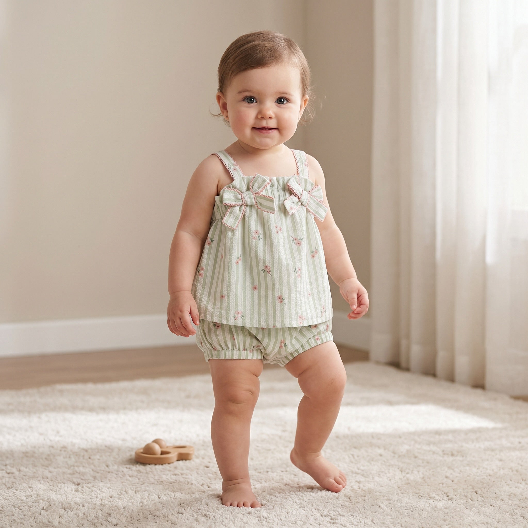 Giggles Square Neck Straps Sleeve Top and Shorts Set with Floral Print - Green / 24-36 mths