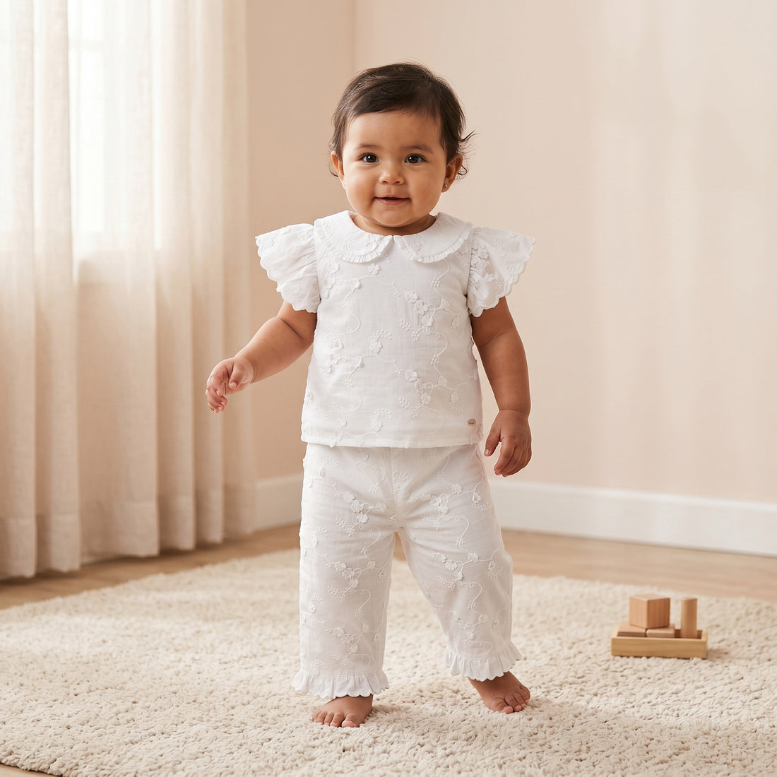 Giggles Round Neck Short Sleeves Top and Pants Set with Floral Embroidery