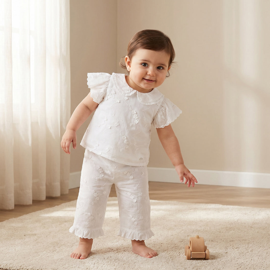 Giggles Round Neck Short Sleeves Top and Pants Set with Floral Embroidery - White / 18-24 mths