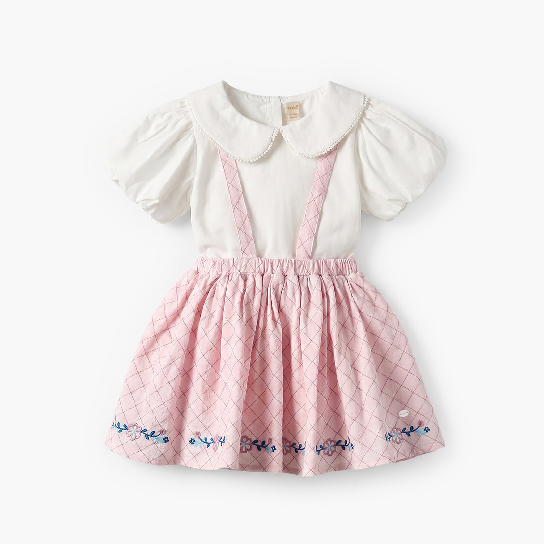 Giggles Peter Pan Collar Short Sleeves Top and Pinafore Set with Floral Embroidery