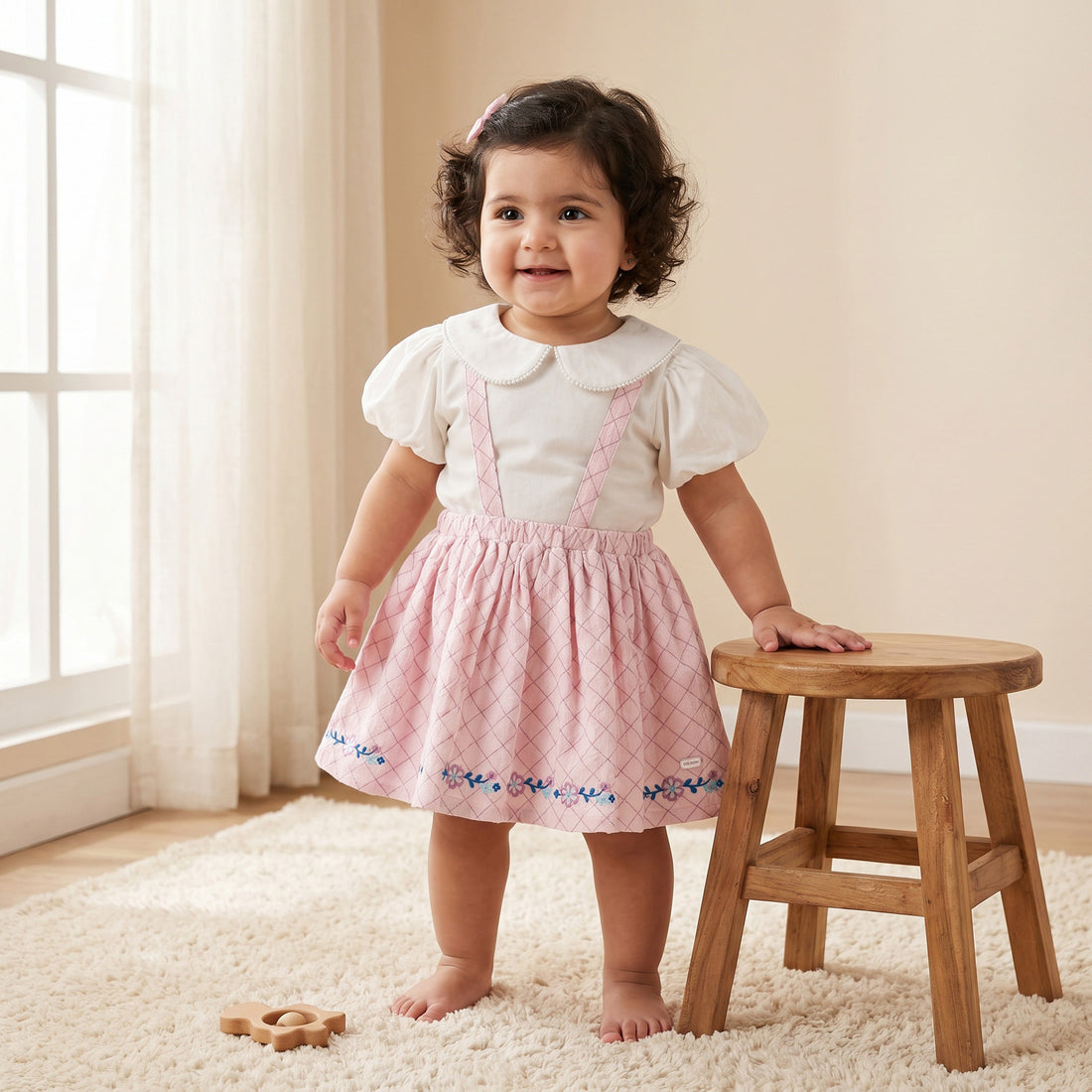 Giggles Peter Pan Collar Short Sleeves Top and Pinafore Set with Floral Embroidery - Pink / 18-24 mths