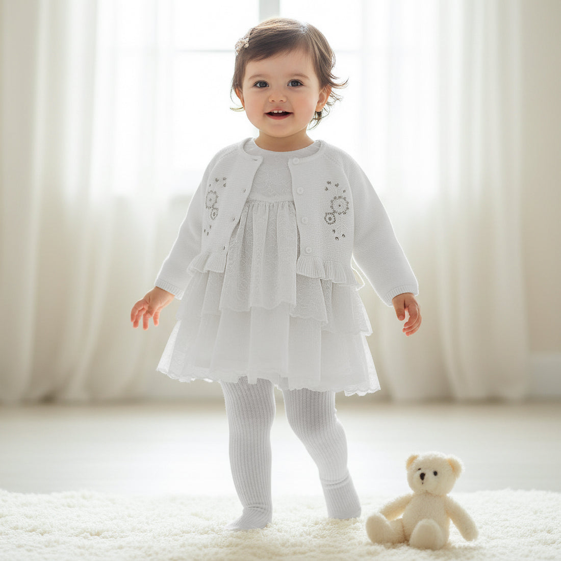 Set of 3 Giggles Clothing Gift Set with Floral Embroidery - White / 12-18 mths
