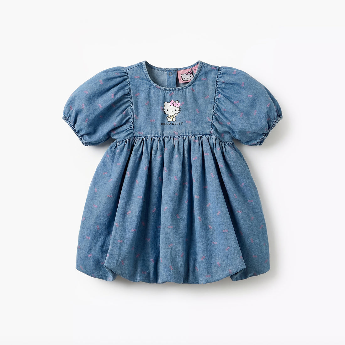 Sanrio Round Neck Short Sleeves Denim Dress with Hello Kitty Print