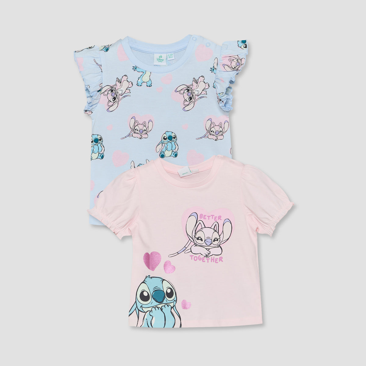 Pack of 2 Disney Crew Neck Short Sleeves T-shirt with Stitch and Angel Print
