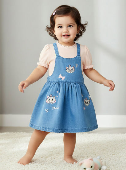 Disney Crew Neck Short Sleeves Top and Denim Pinafore Set with Marie Embroidery-baby-girls-clothing-setsandcoords-image-1
