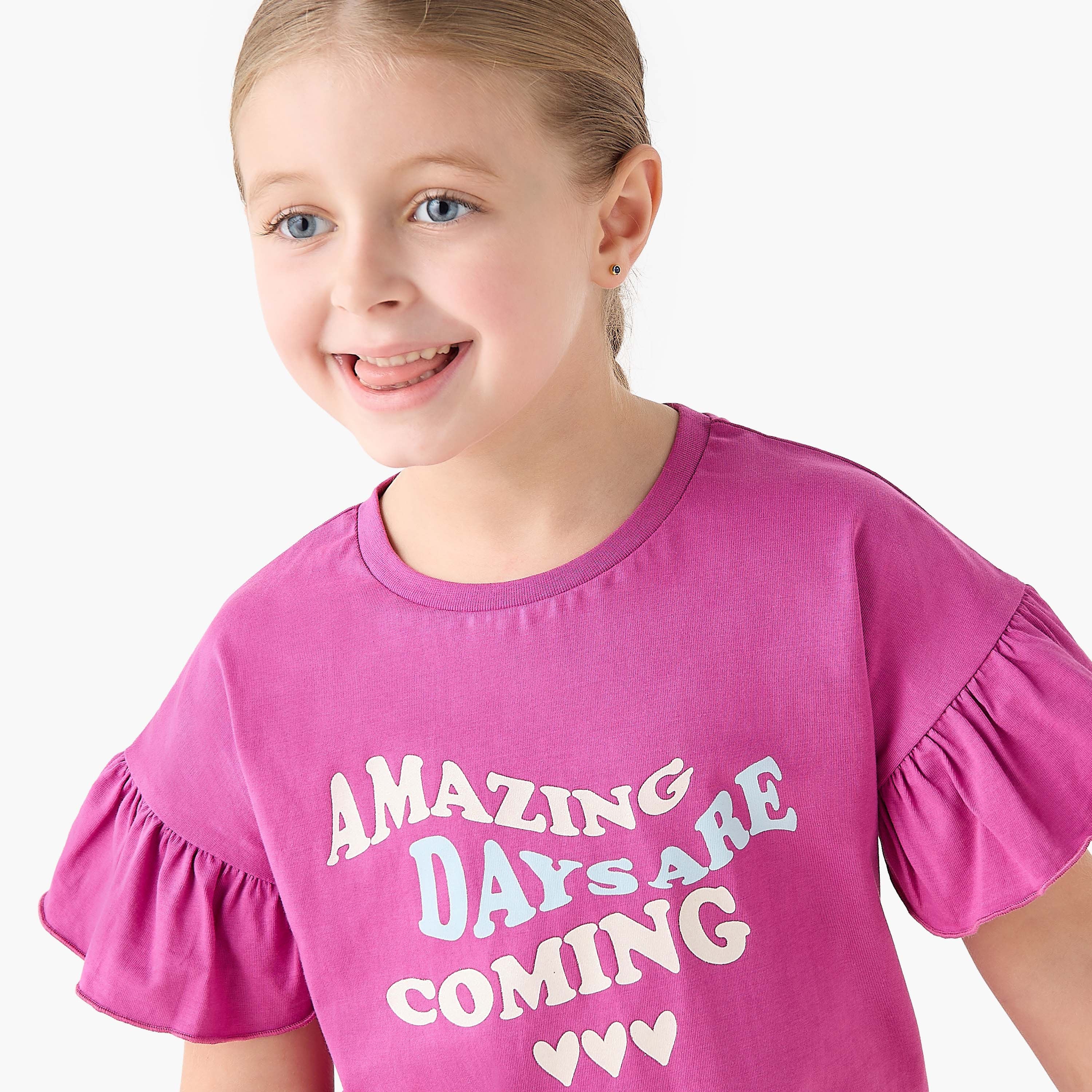 Juniors Crew Neck Short Ruffle Sleeves T-shirt with Slogan Print