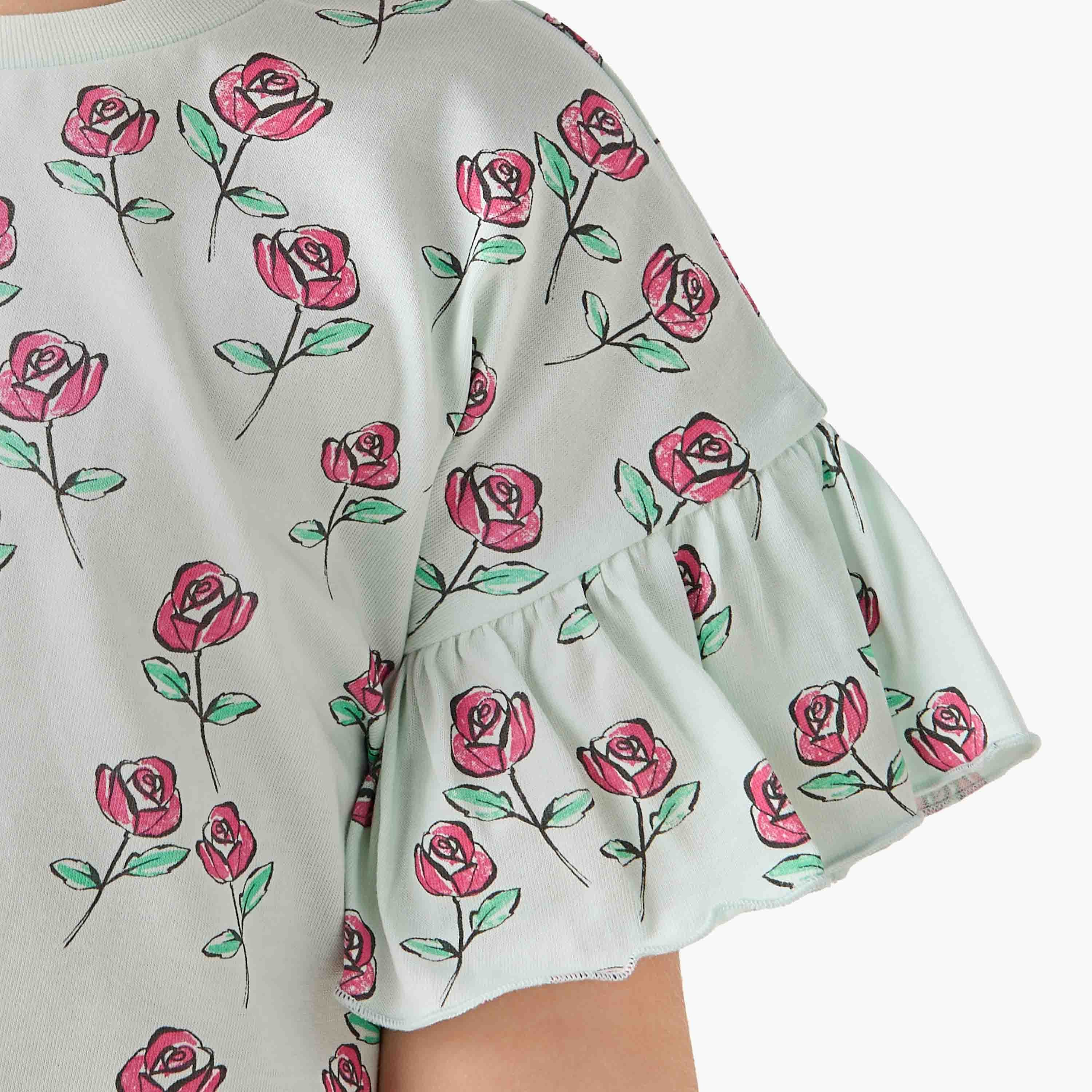 Juniors Crew Neck Short Ruffle Sleeves T-shirt with Print
