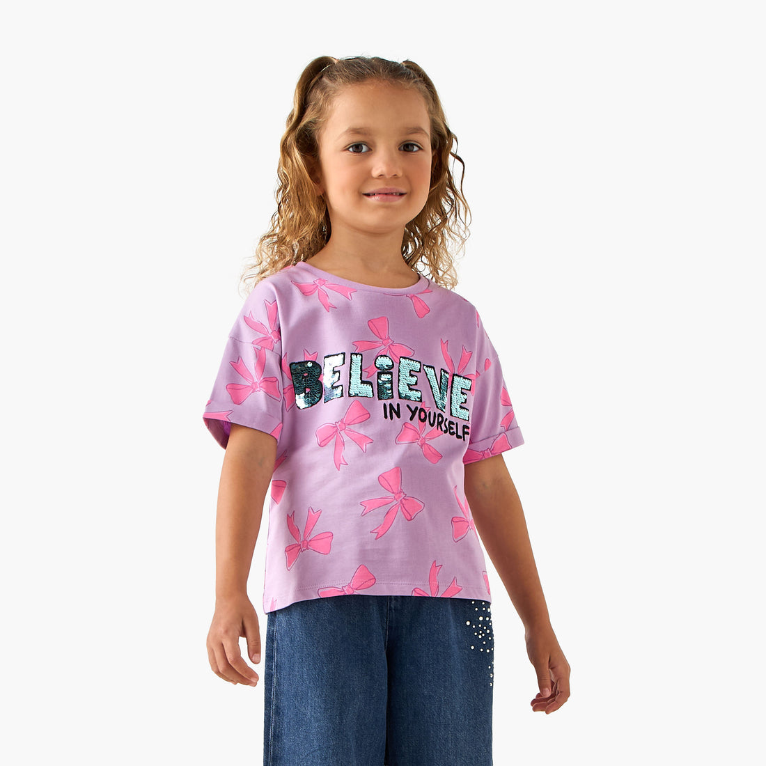 Juniors Crew Neck Short Sleeves T-shirt with Slogan Sequin Detail - Purple / 1-2 yrs