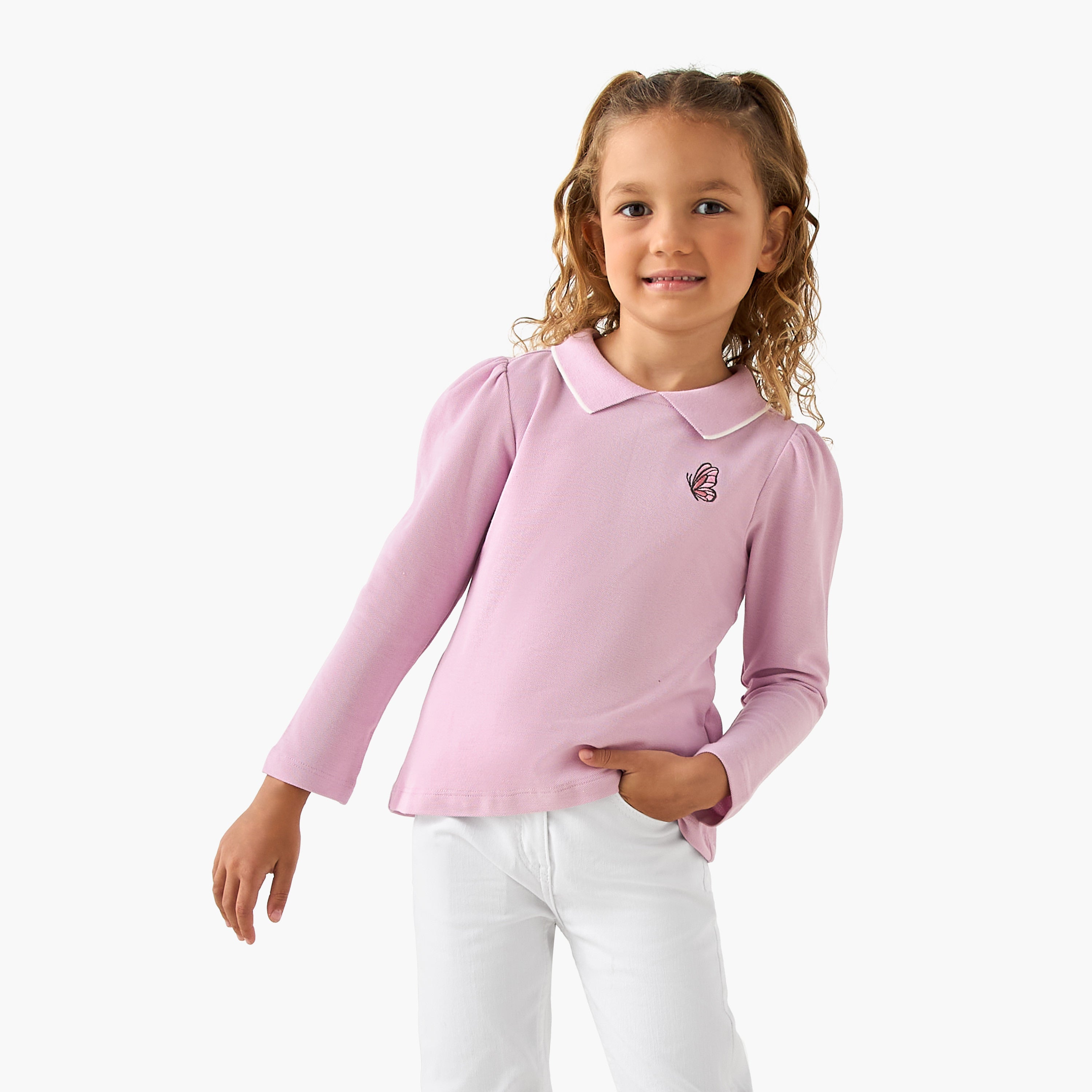 Juniors Collared Long Sleeves Polo T-shirt with Butterfly Embroidery - Pink / 1-2 yrs