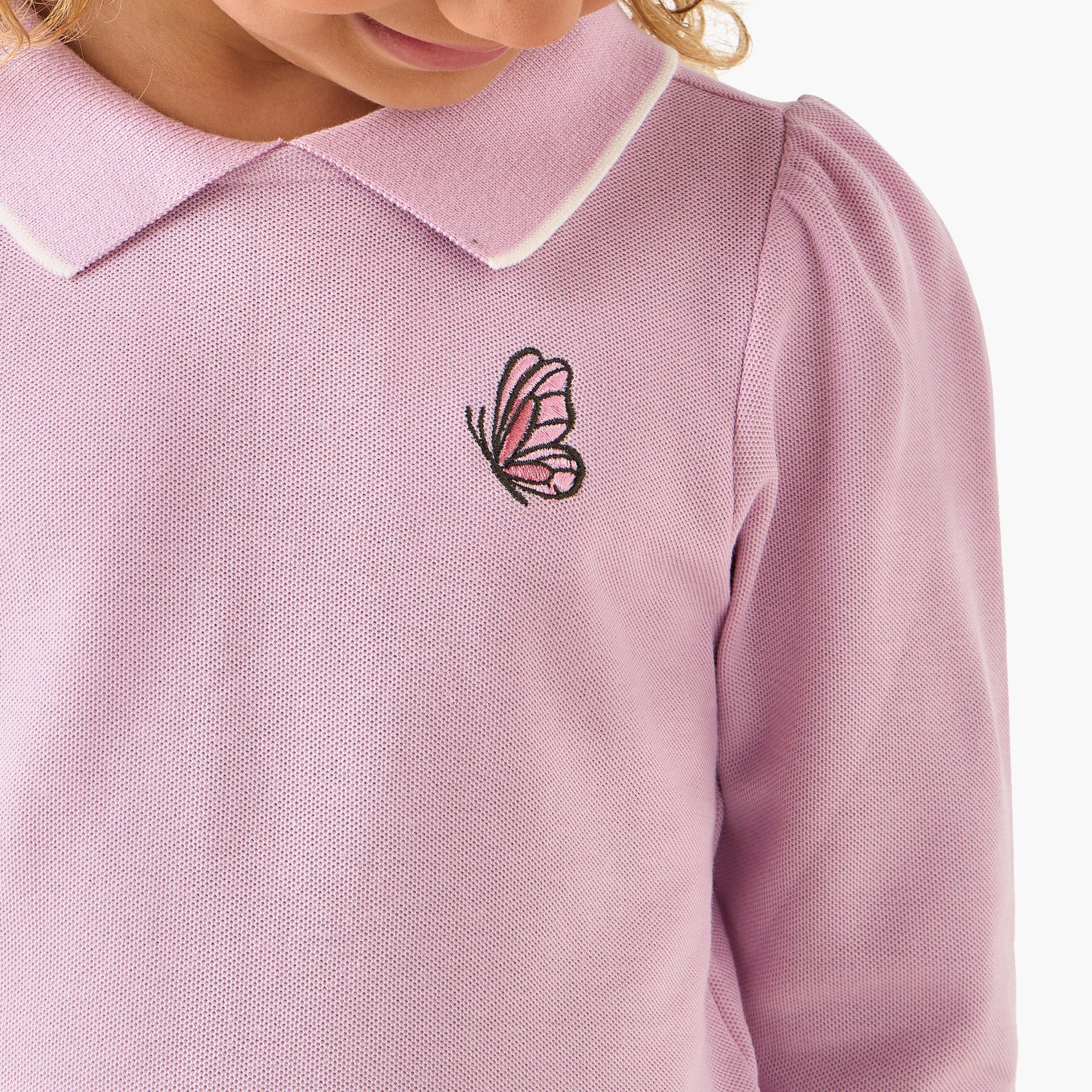 Juniors Collared Long Sleeves Polo T-shirt with Butterfly Embroidery
