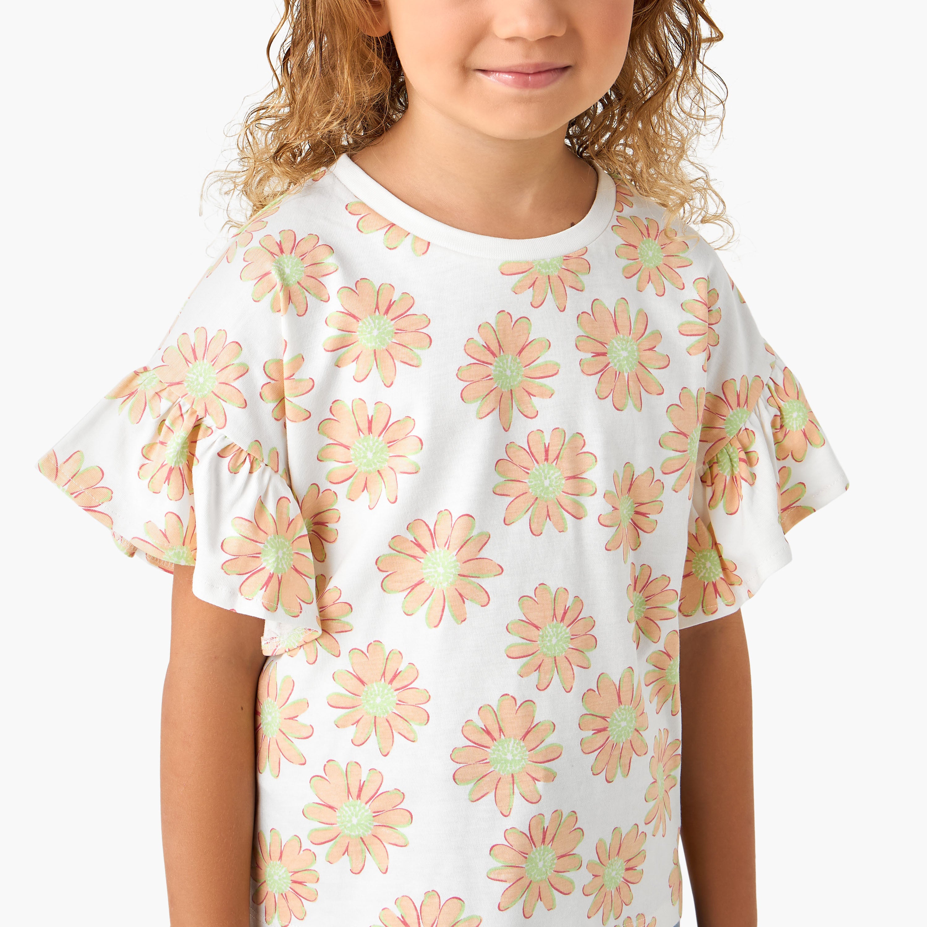 Juniors Crew Neck Short Sleeves T-shirt with Floral Print