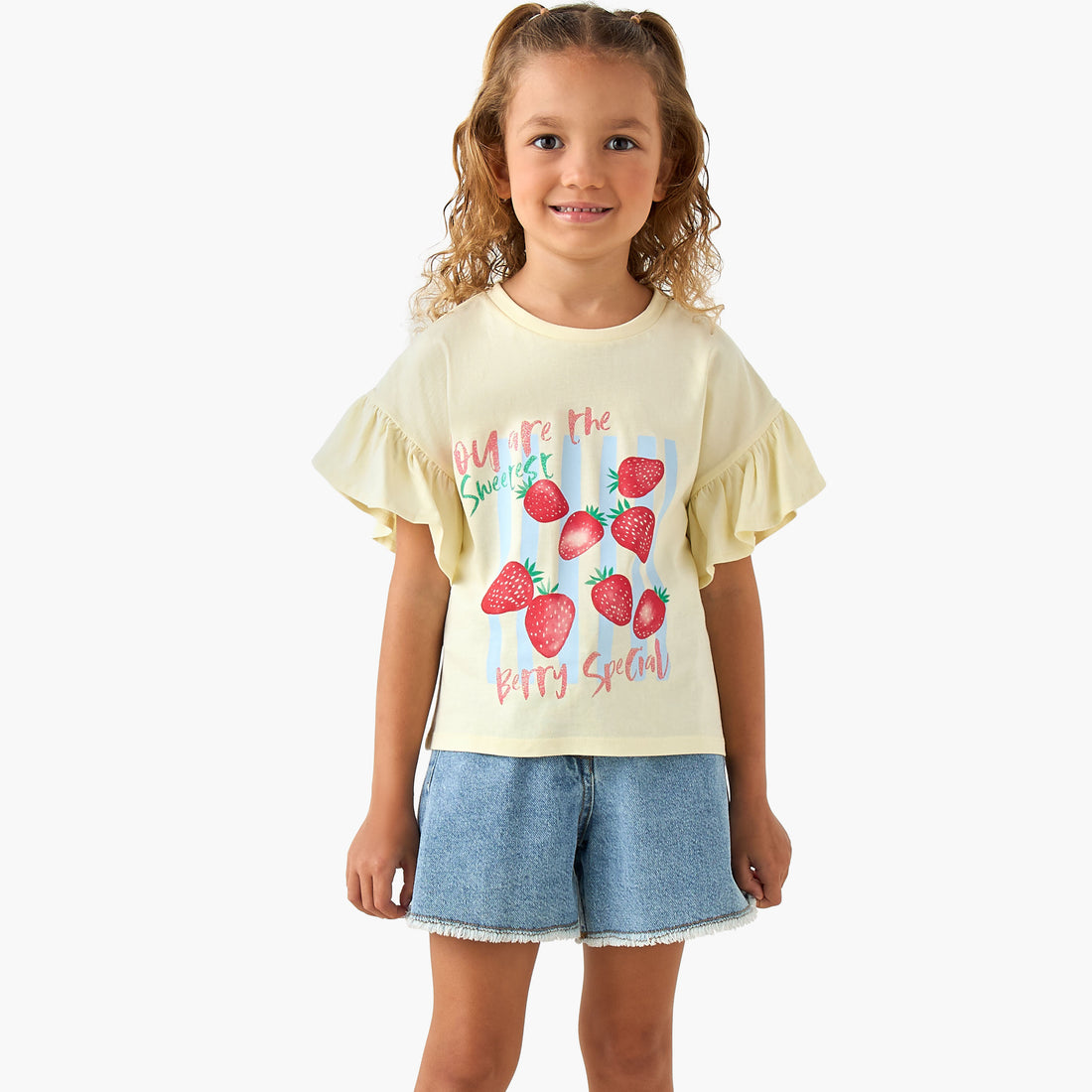 Juniors Crew Neck Short Ruffle Sleeves T-shirt with Cat Graphic Print