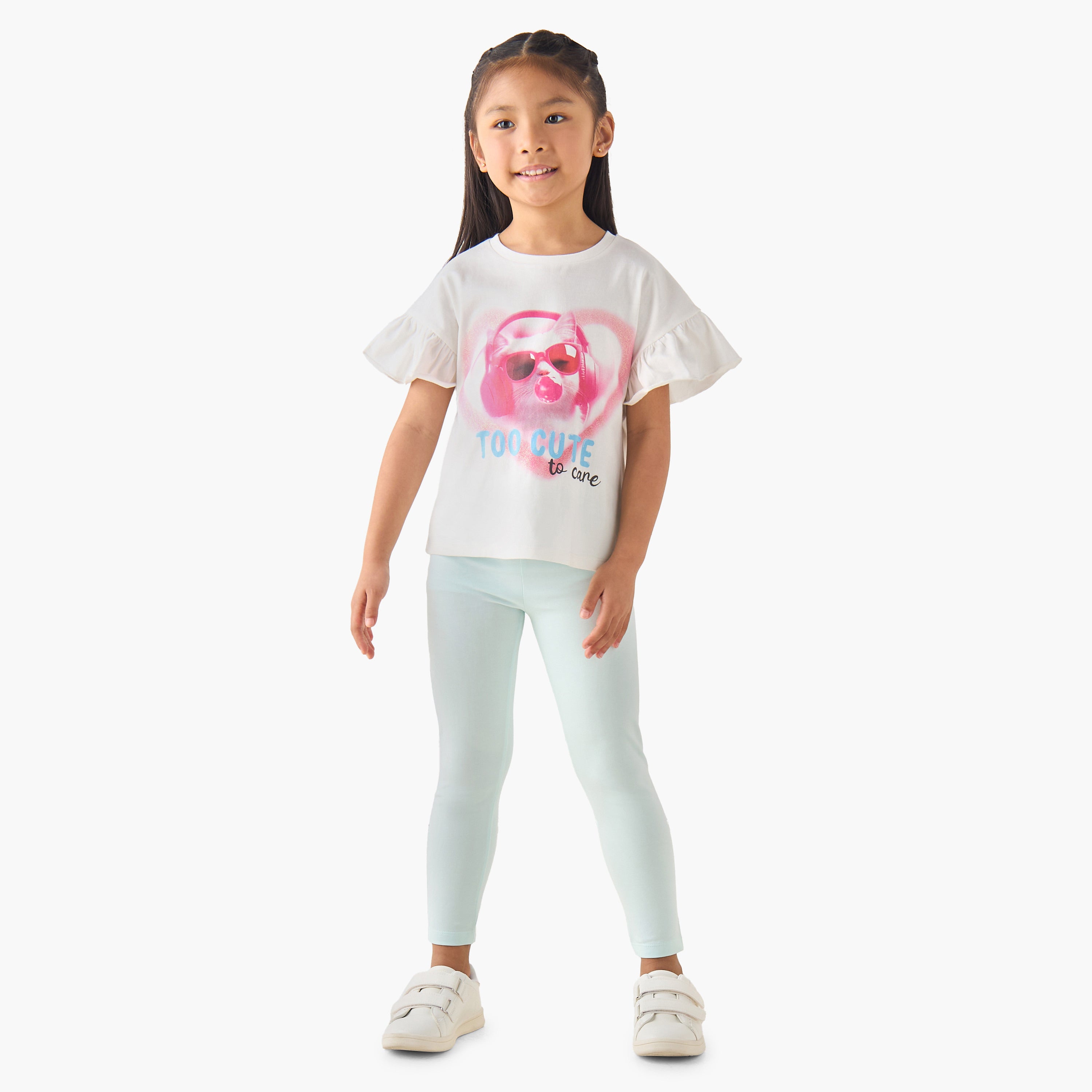 Juniors Crew Neck Short Ruffle Sleeves T-shirt with Cat Graphic Print