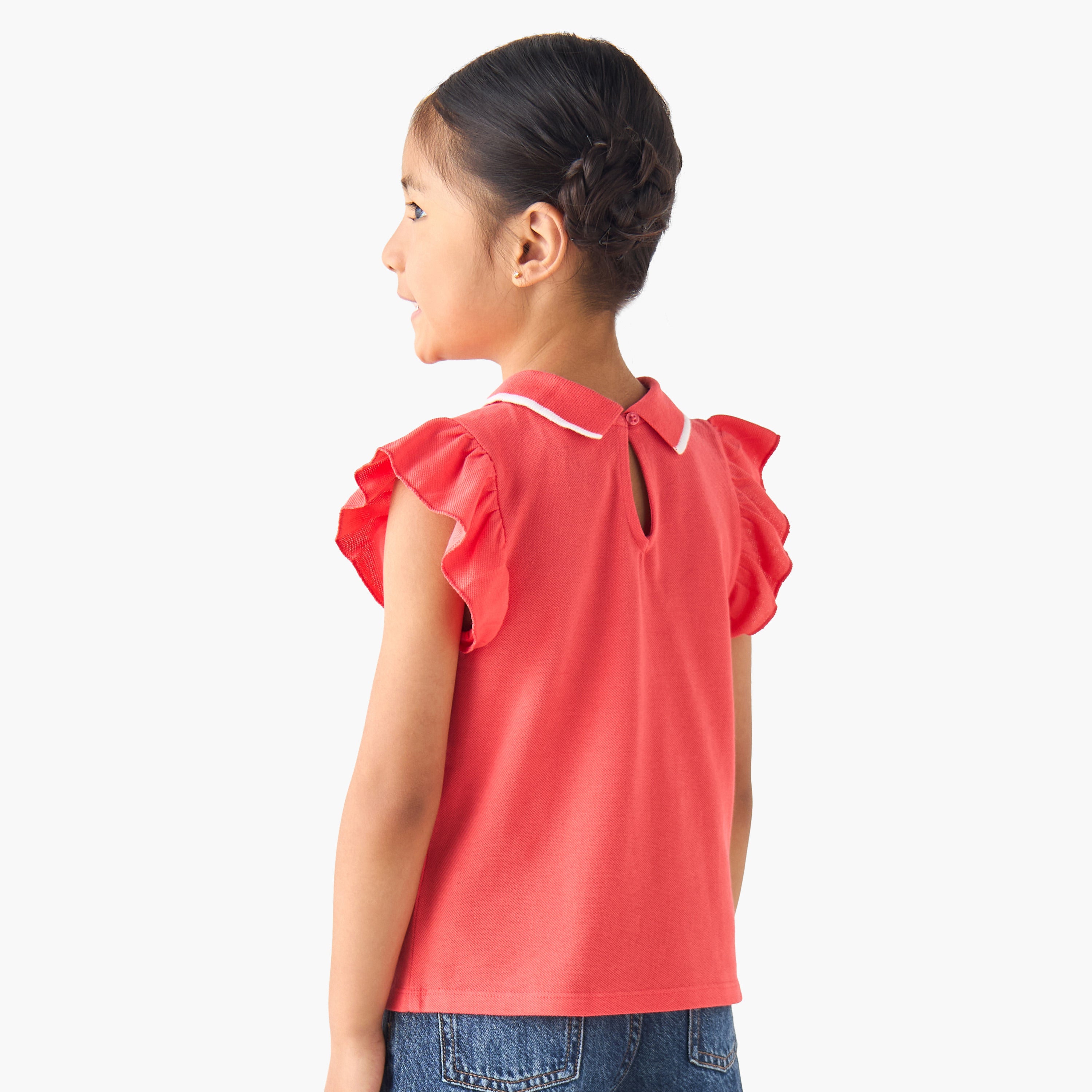 Juniors Collared Ruffle Cap Sleeves Polo T-shirt with Bow Print