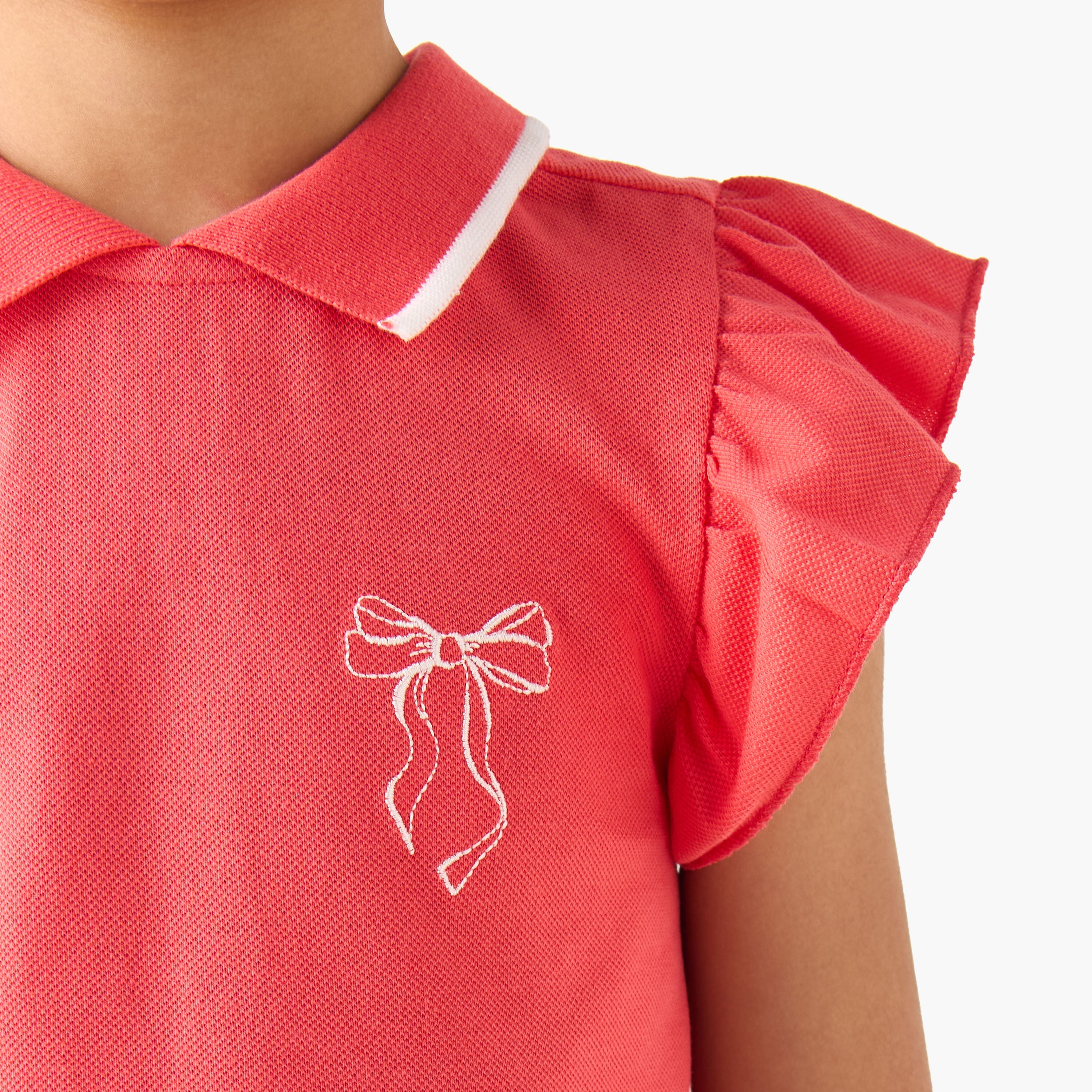 Juniors Collared Ruffle Cap Sleeves Polo T-shirt with Bow Print