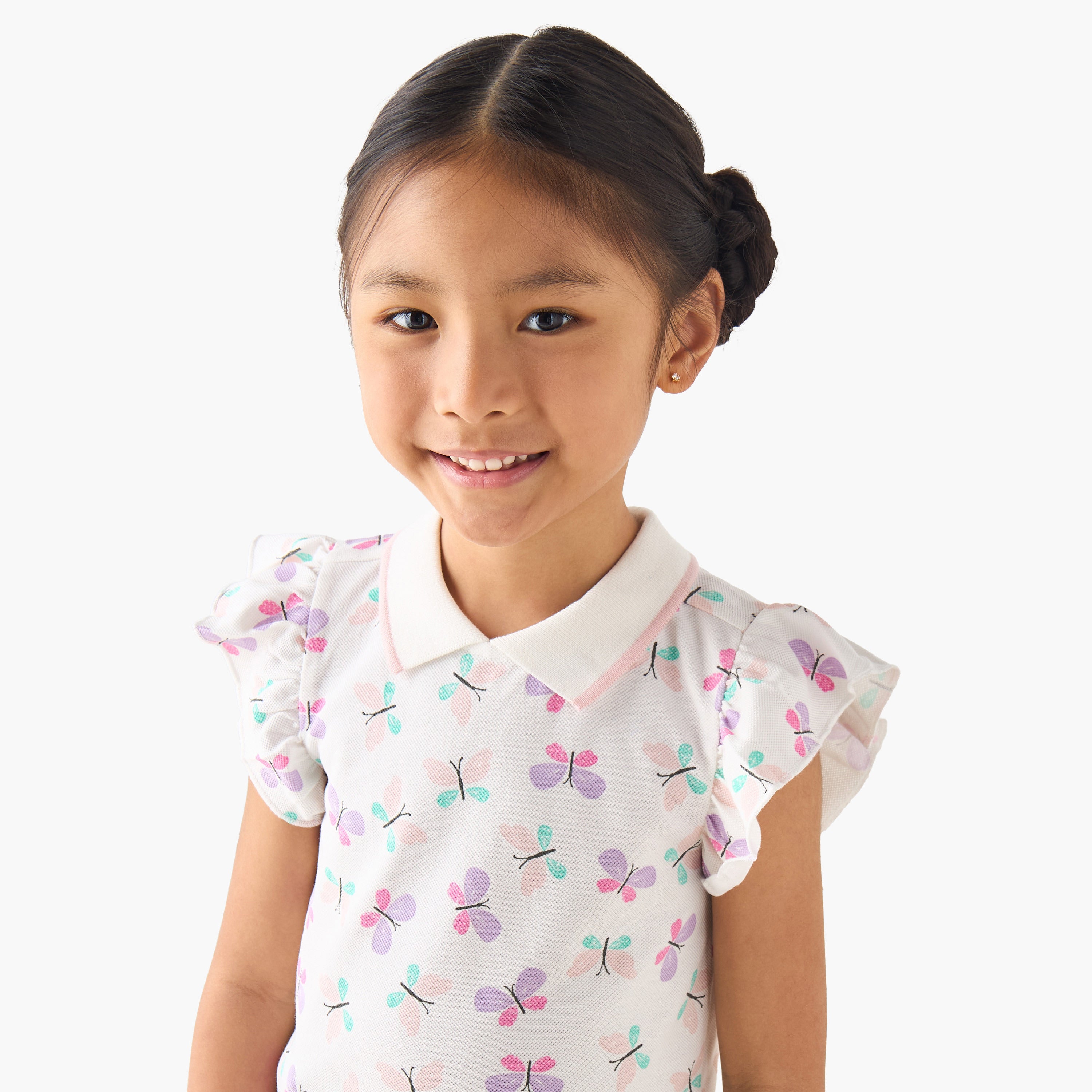 Juniors Collared Ruffle Cap Sleeves Polo T-shirt with Bow Print
