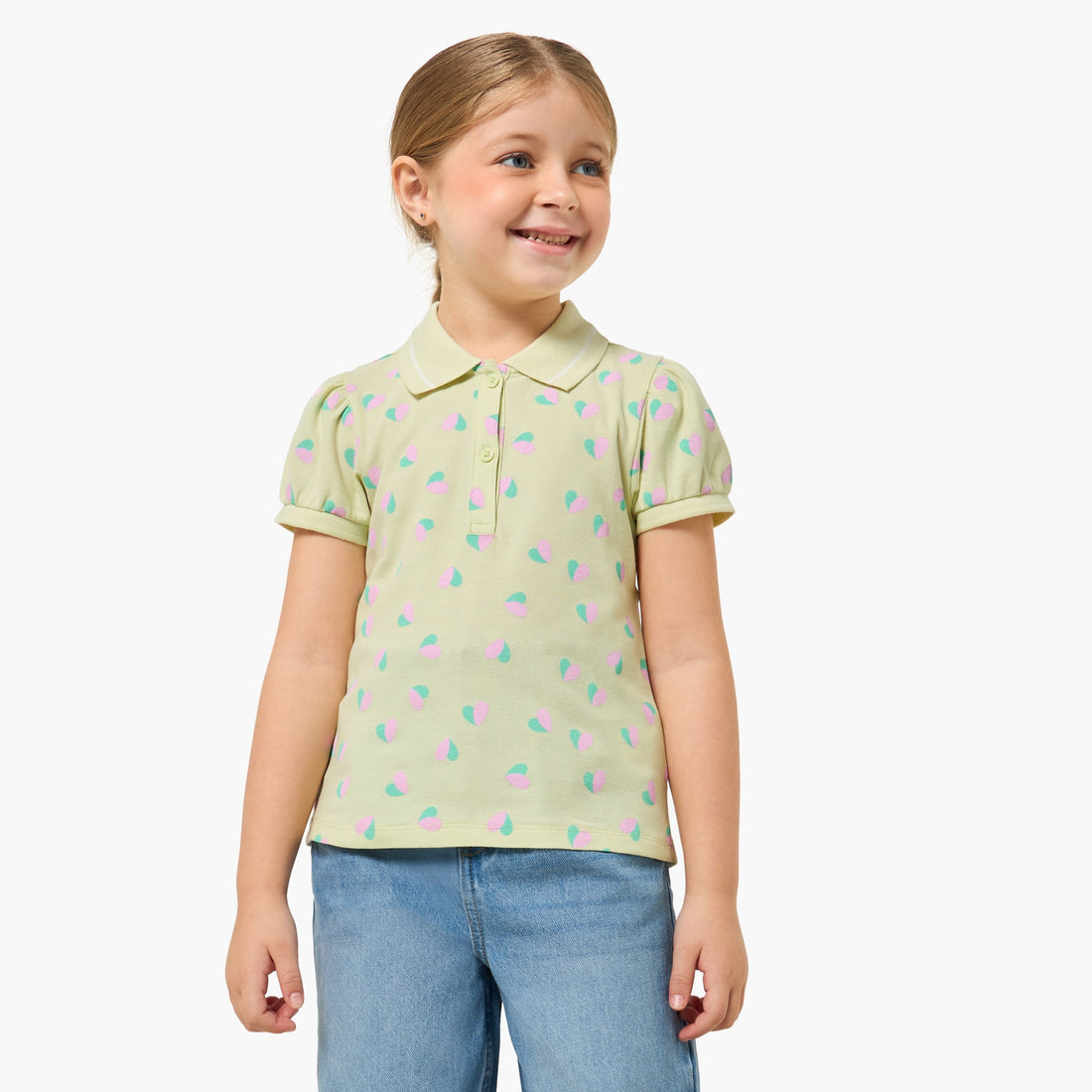 Juniors Collared Short Sleeves Polo T-shirt with Heart Print