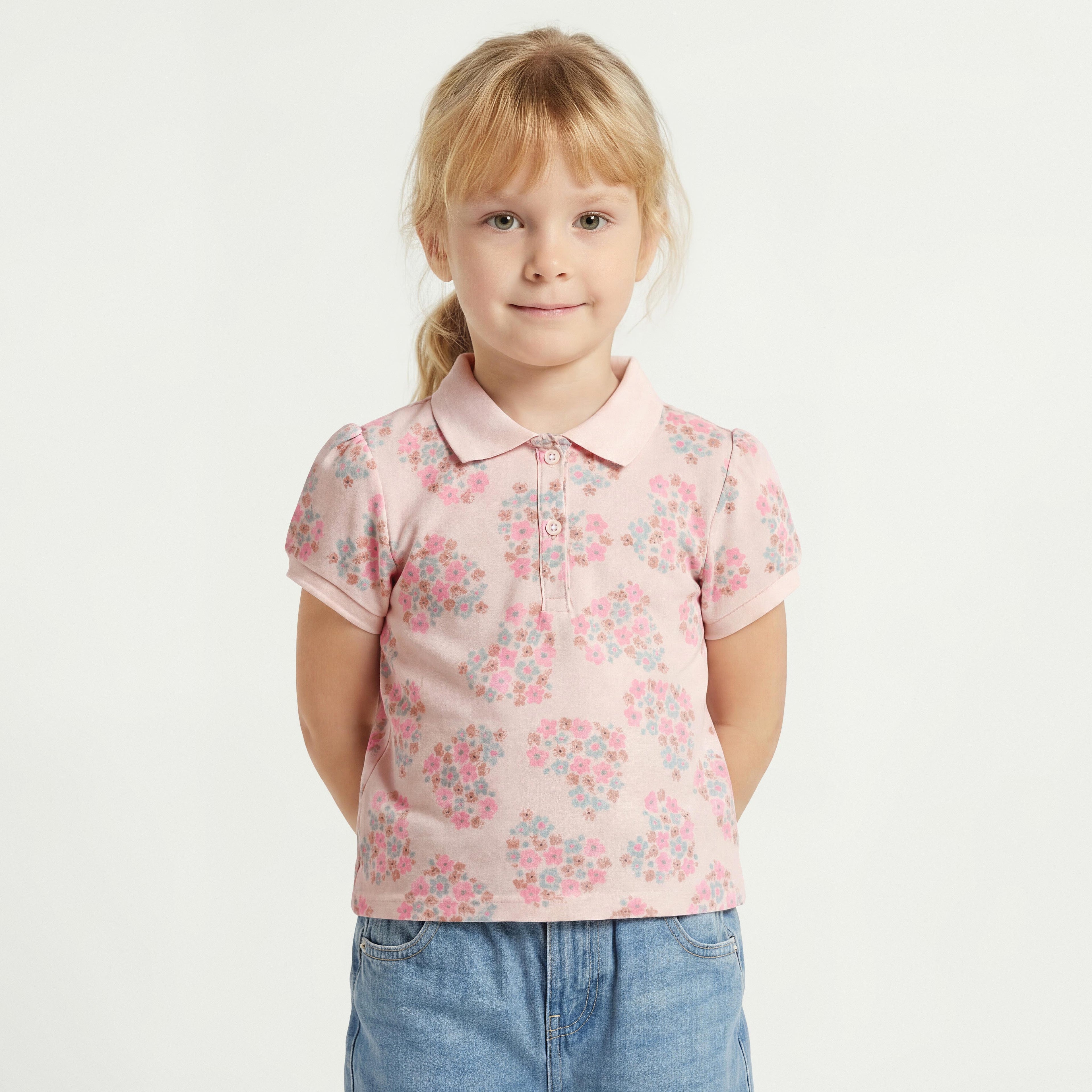 Juniors Collared Short Sleeves Polo T-shirt with Floral Print - Pink / 1-2 yrs