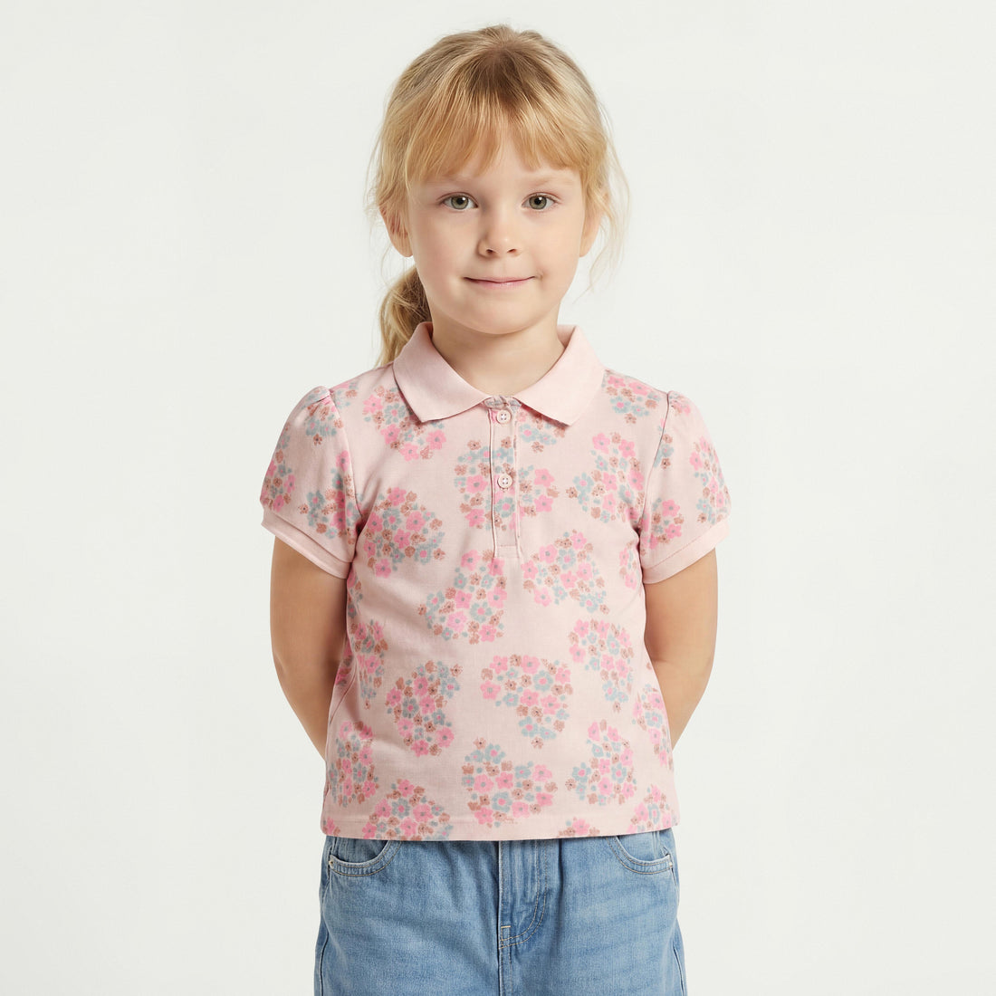 Juniors Collared Short Sleeves Polo T-shirt with Floral Print - Pink / 1-2 yrs