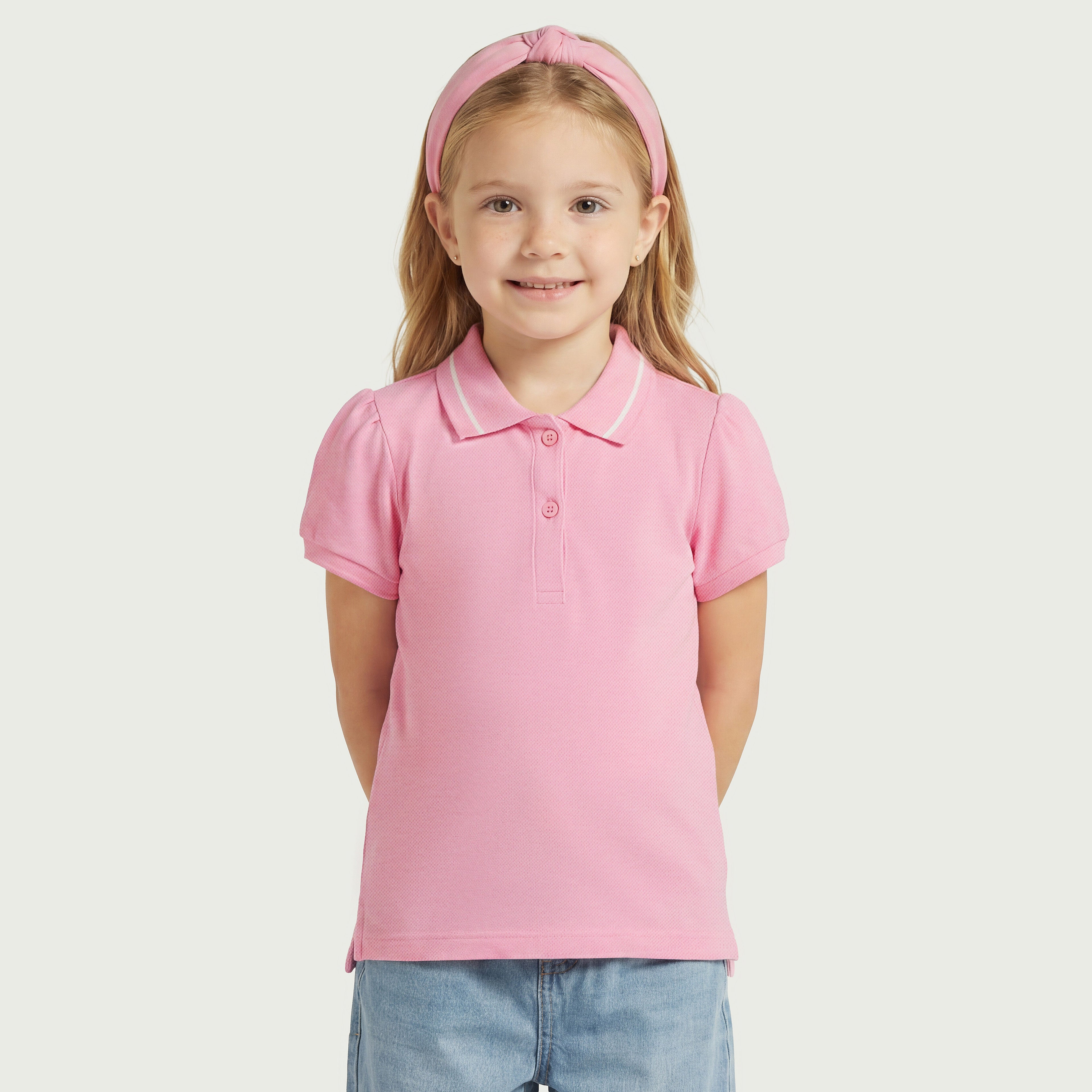 Juniors Collared Short Sleeves Polo T-shirt with Solid Design - Pink / 1-2 yrs