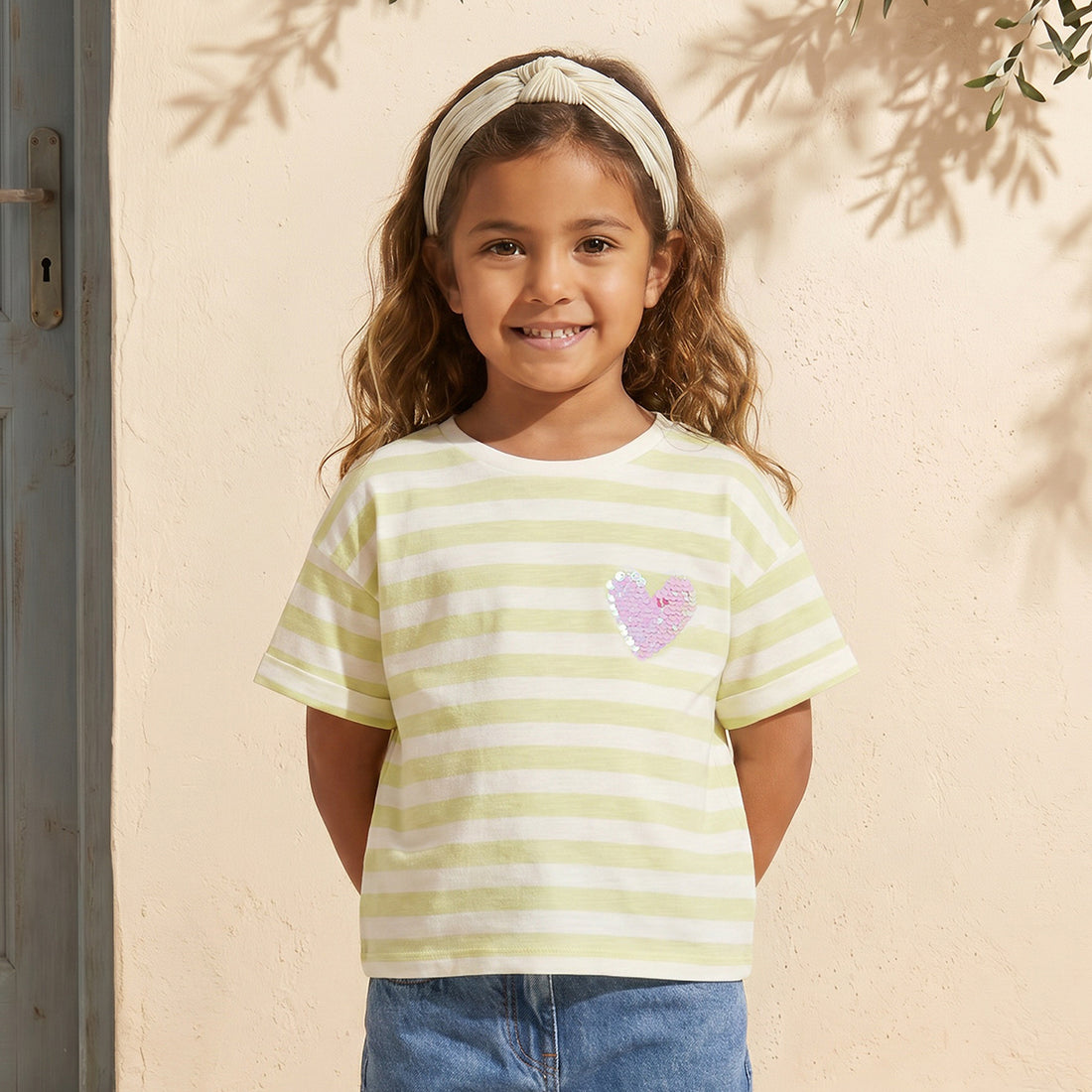 Juniors Crew Neck Short Sleeves T-shirt with Heart Embellishment - Multicolour / 1-2 yrs